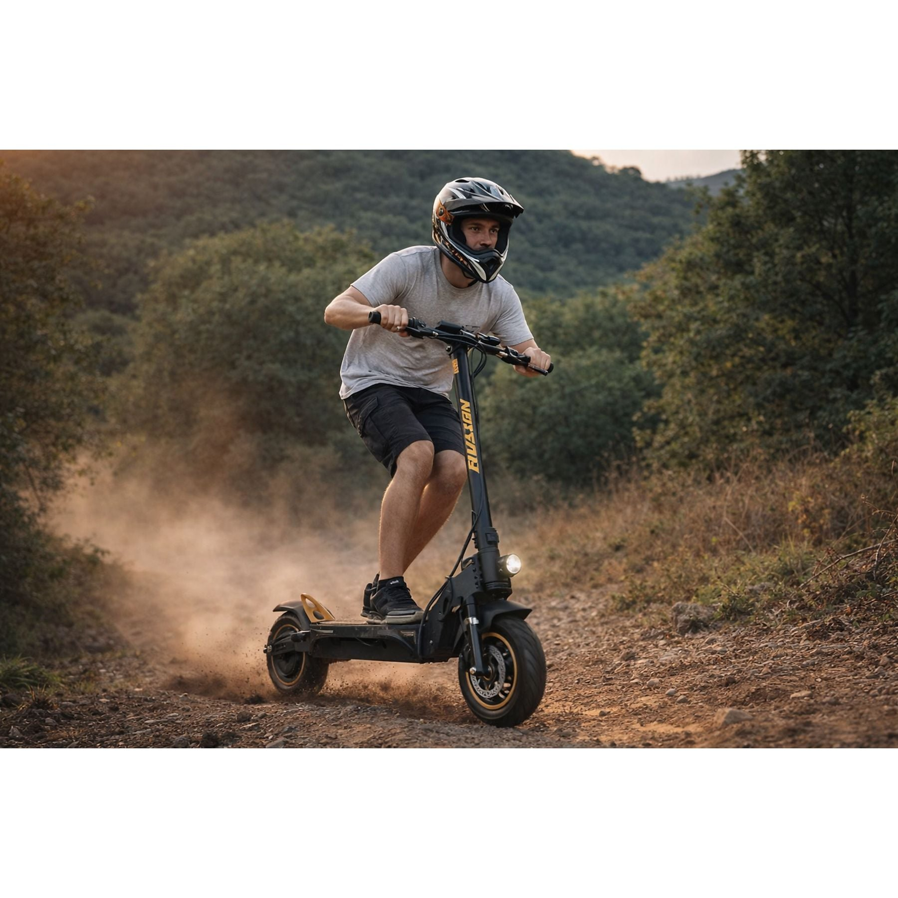 Un uomo con casco guida un monopattino elettrico nero su un sentiero sterrato polveroso.