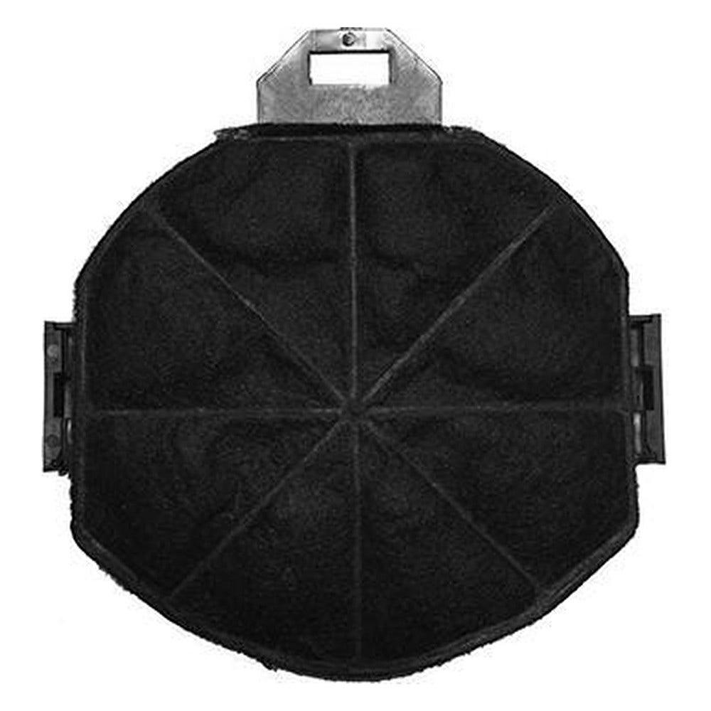 Un filtro rotondo in carbone attivo nero con staffa e clip metalliche.