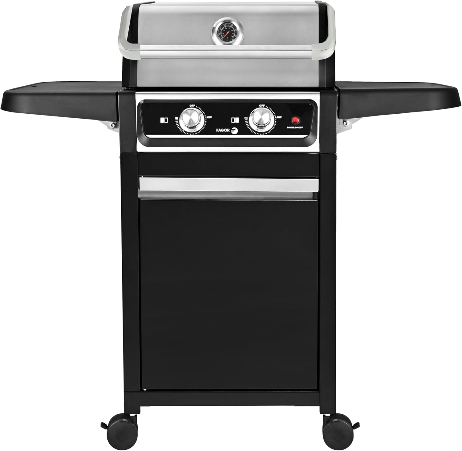 Una parrilla de gas plateada y negra con dos bandejas laterales y ruedas.