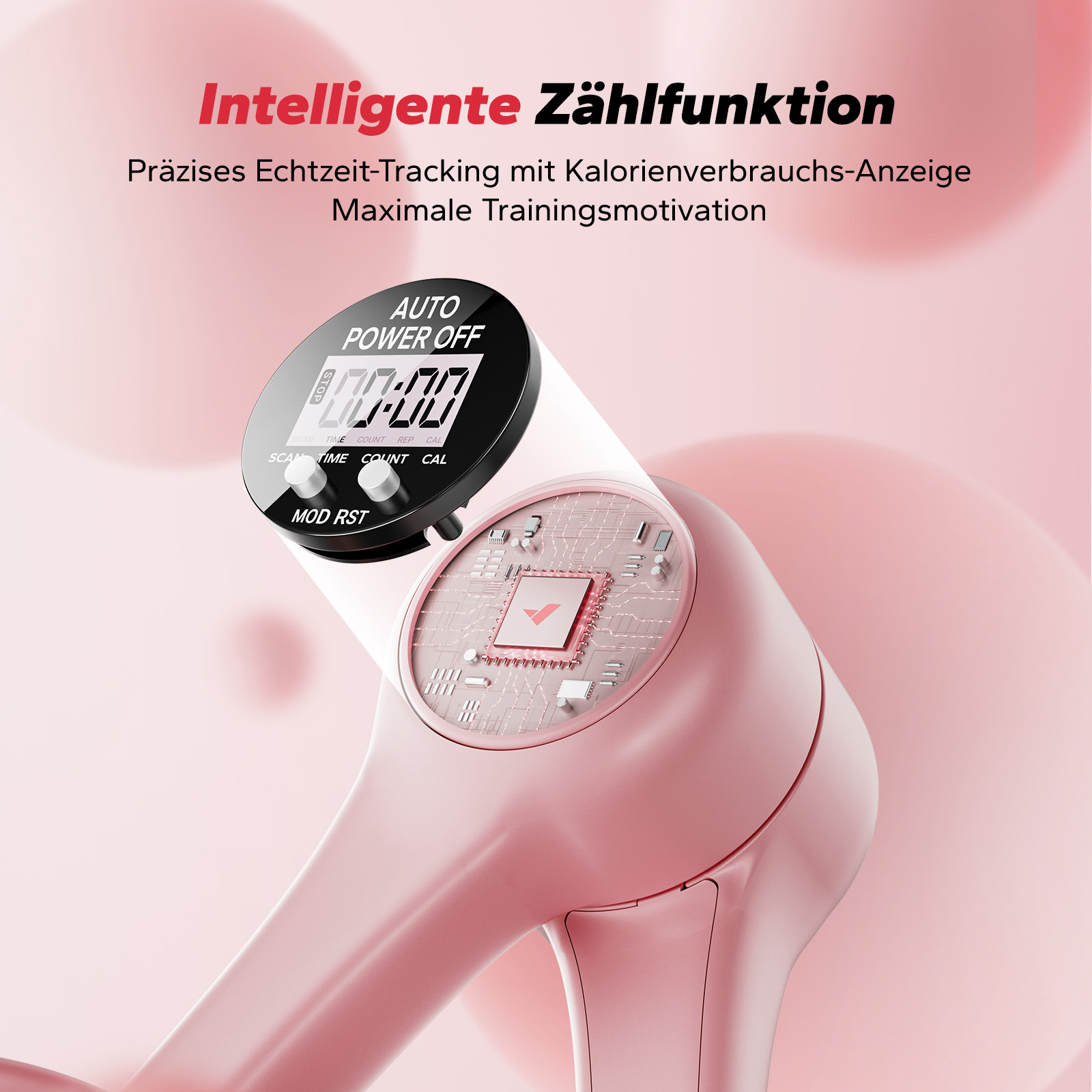 Ein rosafarbener Handtrainer mit digitaler Anzeige und einem sichtbaren Chip.