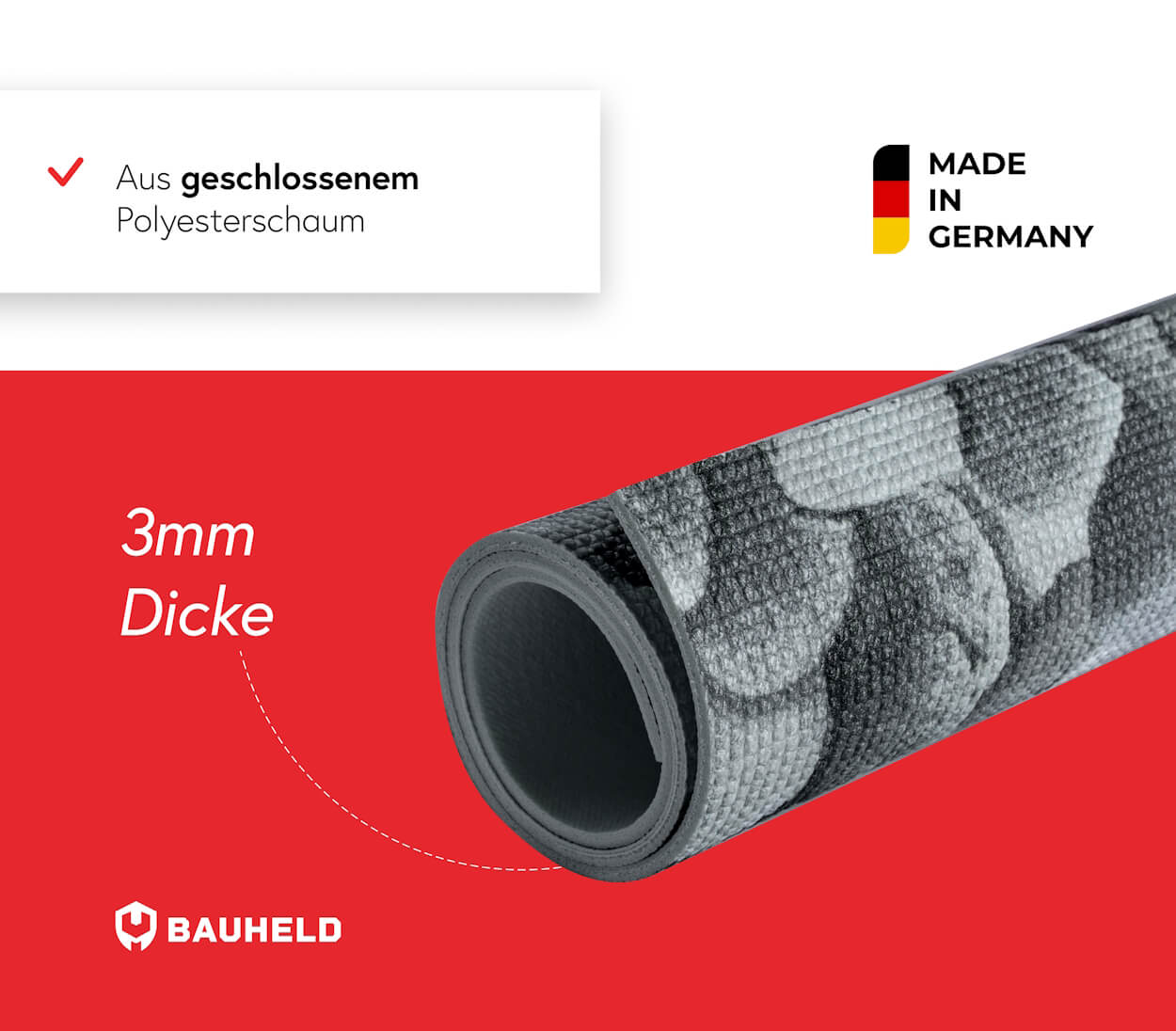 Gerolltes 3mm dickes Material mit grauem Tarnmuster, Made in Germany.