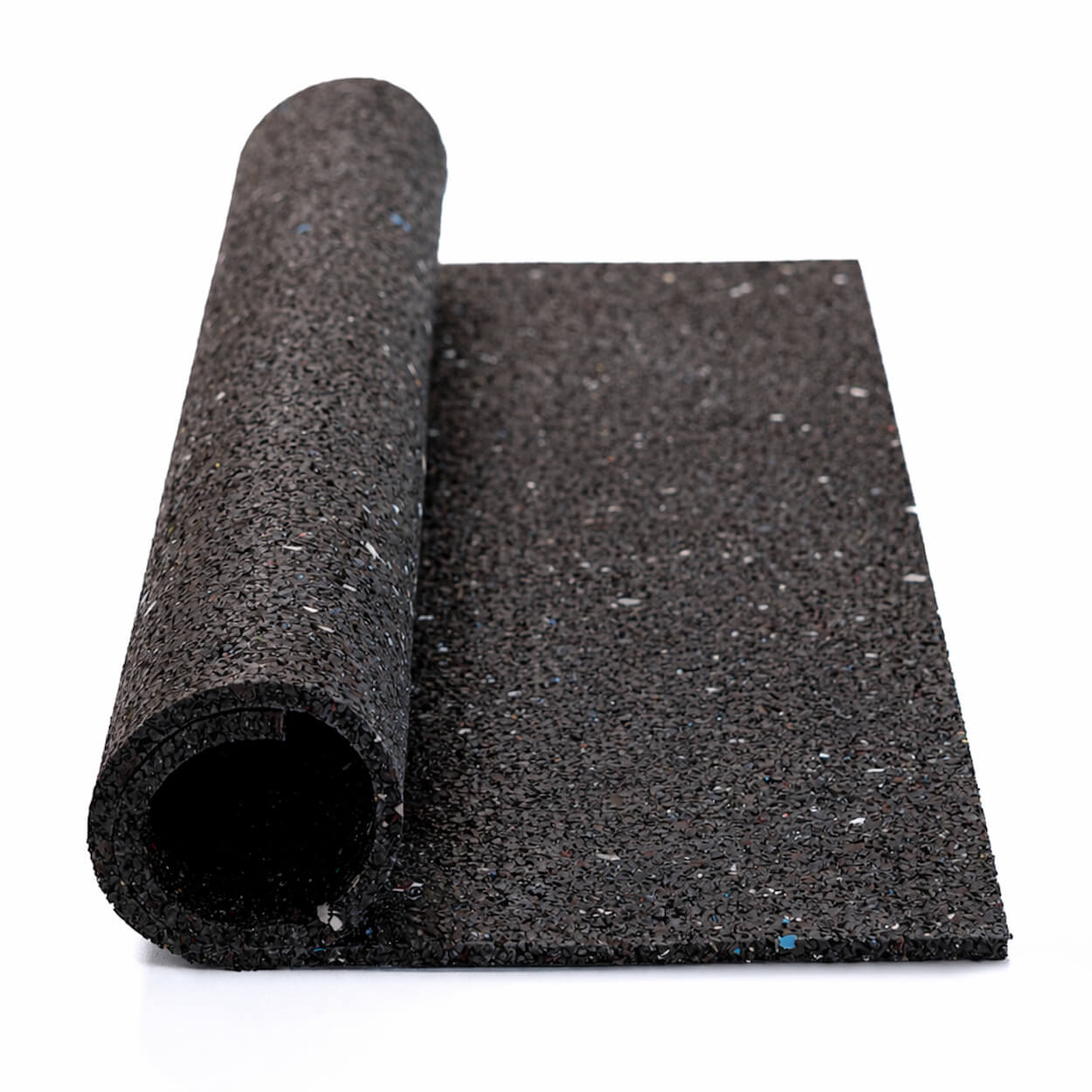 Schwarze Gummimatte mit bunten Sprenkeln, teilweise aufgerollt.