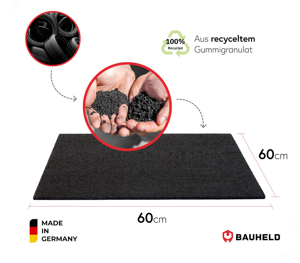 Schwarze Gummimatte 60x60cm, hergestellt aus recyceltem Granulat.
