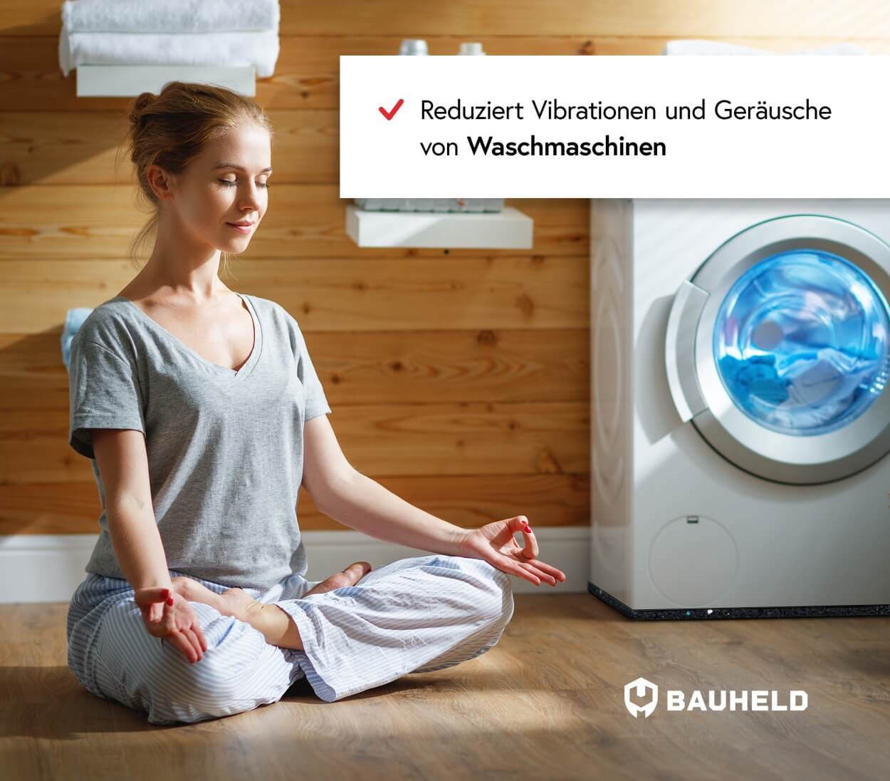 Frau meditiert neben Waschmaschine, die Vibrationen und Geräusche reduziert.