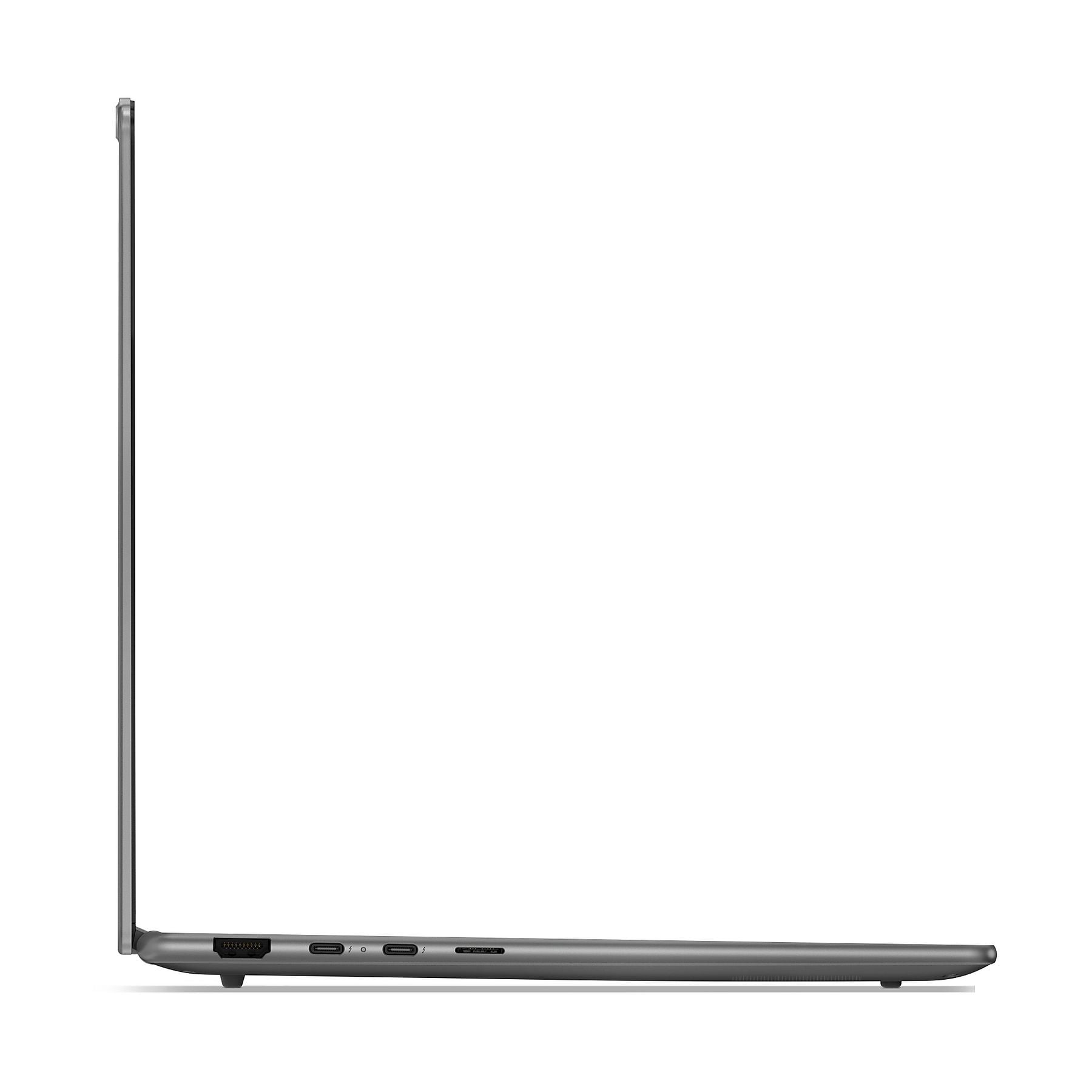 Laptop grigio vista laterale con porte: HDMI, USB-C, USB-A.
