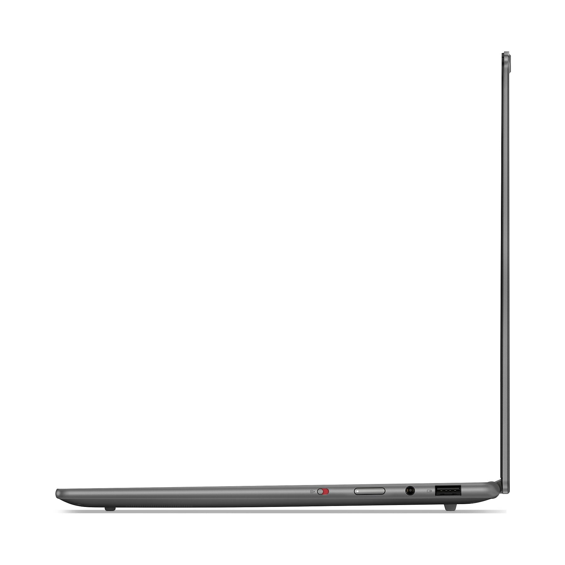 Laptop grigio su sfondo bianco, vista laterale con porte.