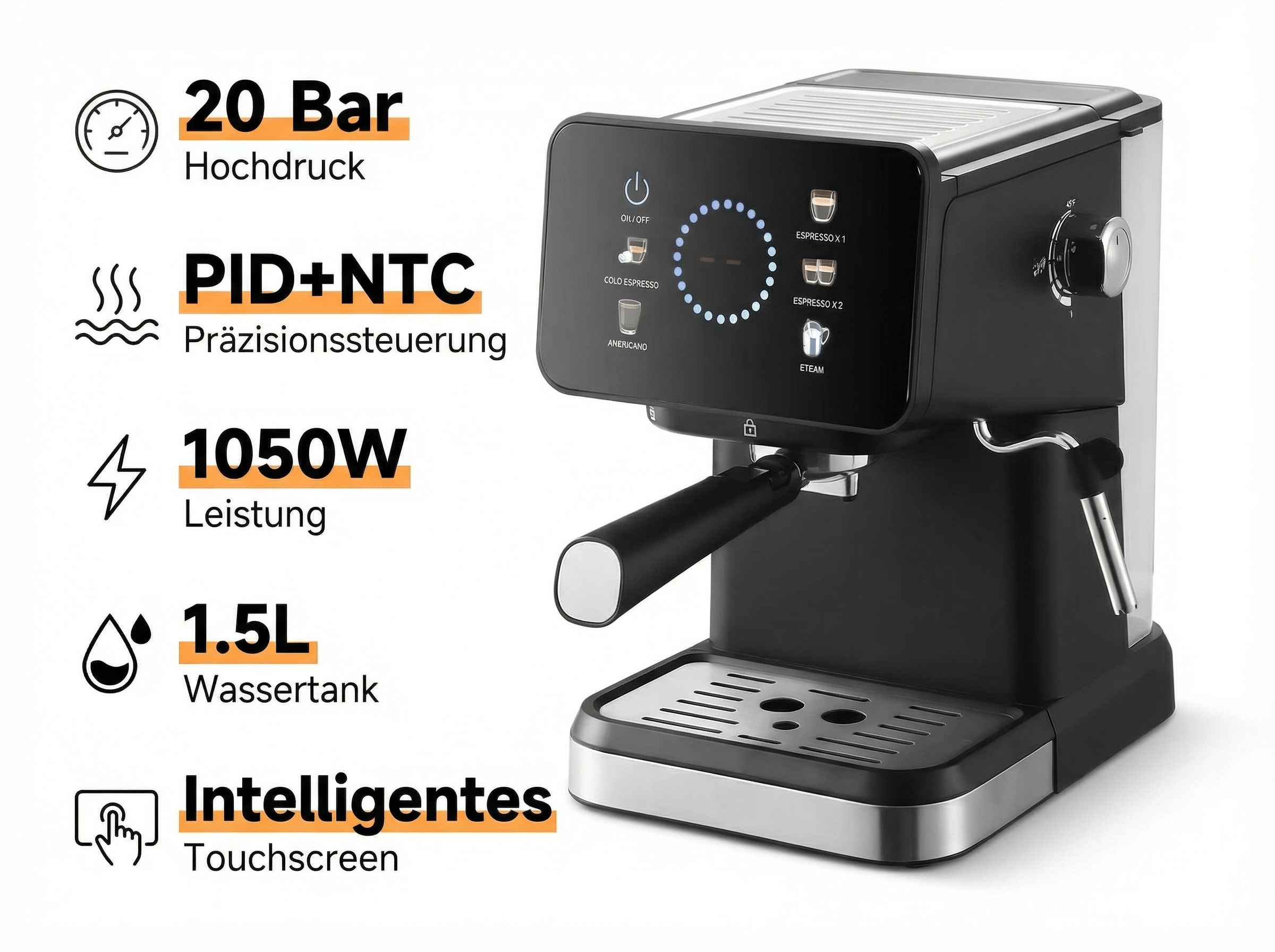 Eine schwarze Espressomaschine mit Touchscreen und Bedienelementen.