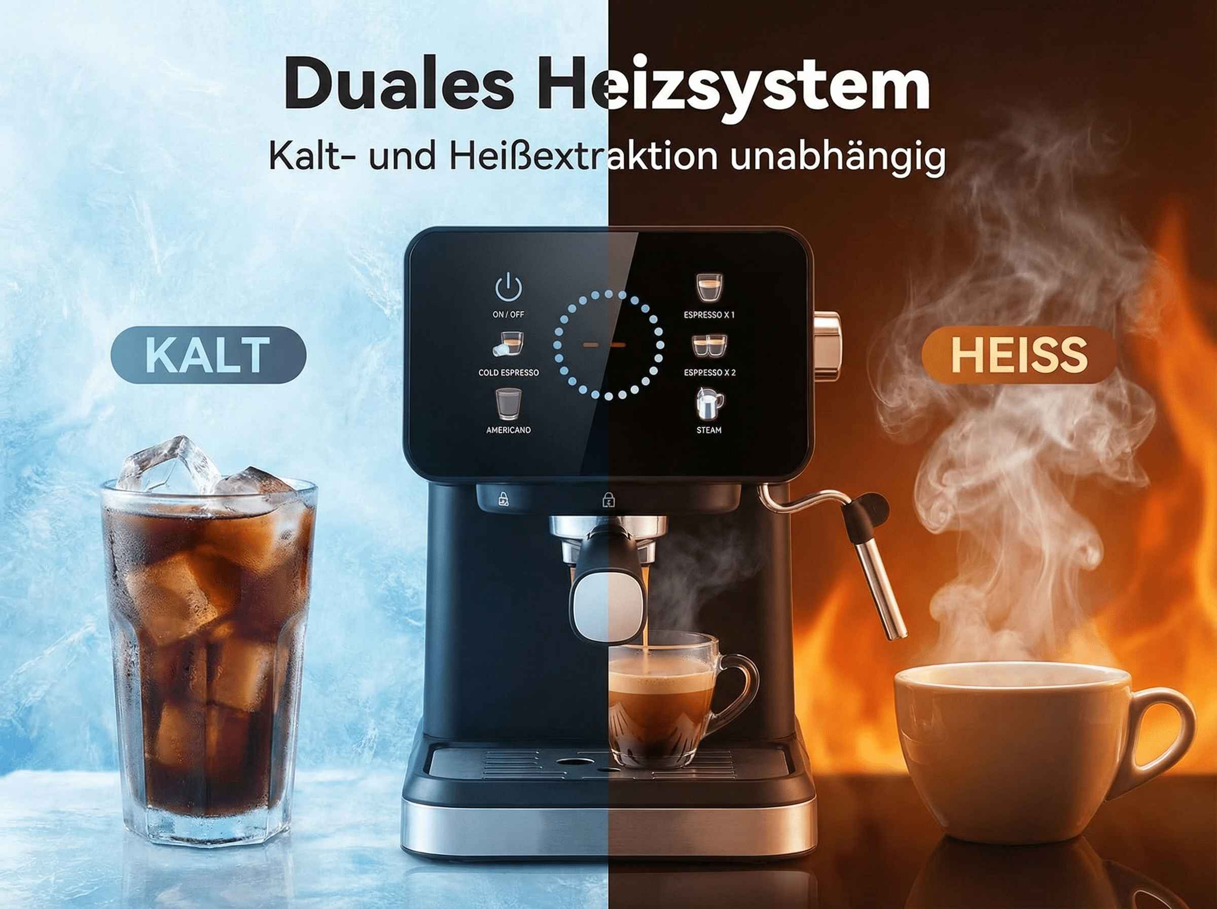 Kaffeemaschine mit Kalt- und Heißgetränkeoptionen, Eiswasser links, Dampf rechts.