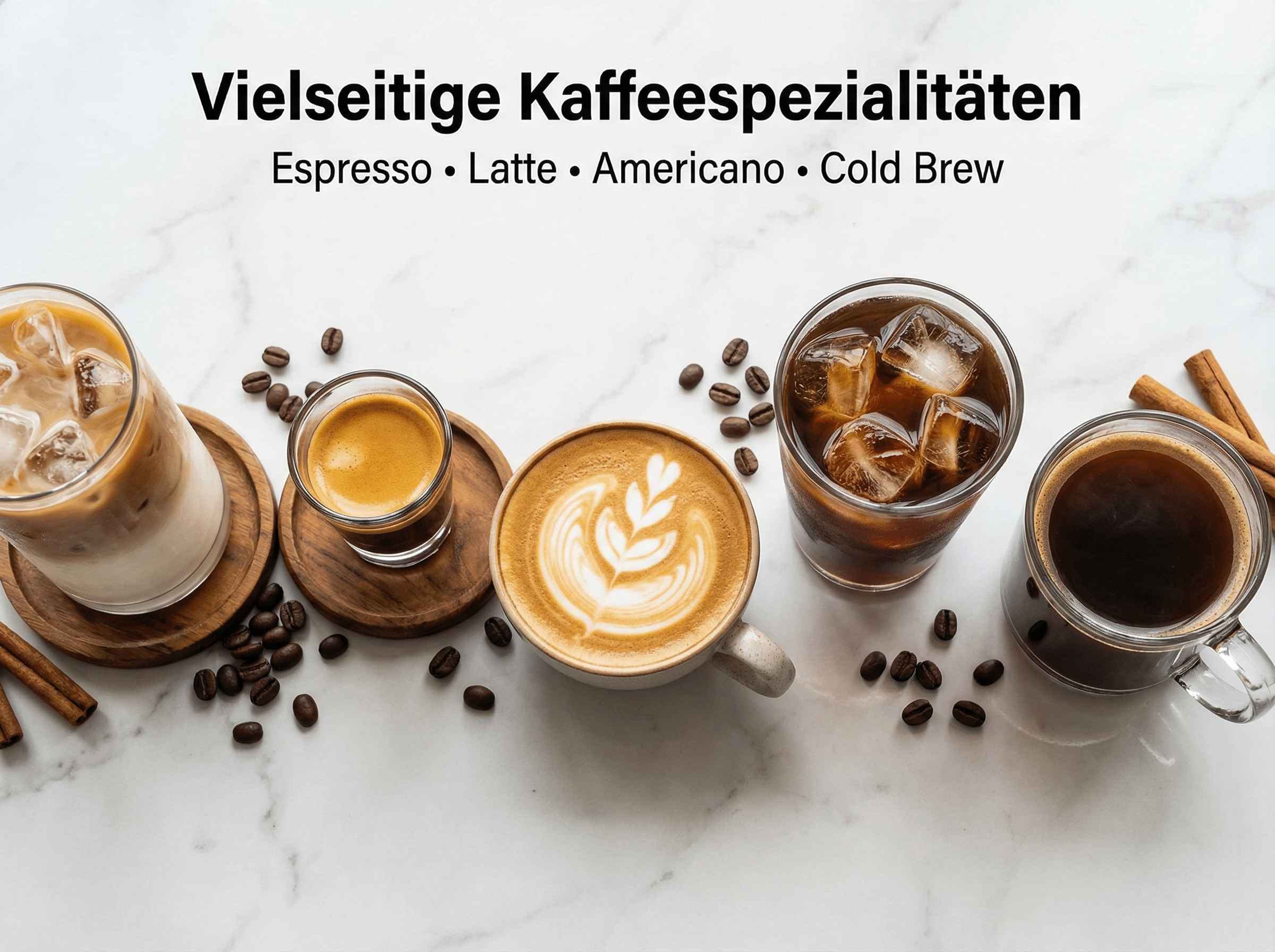 Verschiedene Kaffeespezialitäten: Espresso, Latte, Americano, Cold Brew auf Marmor.