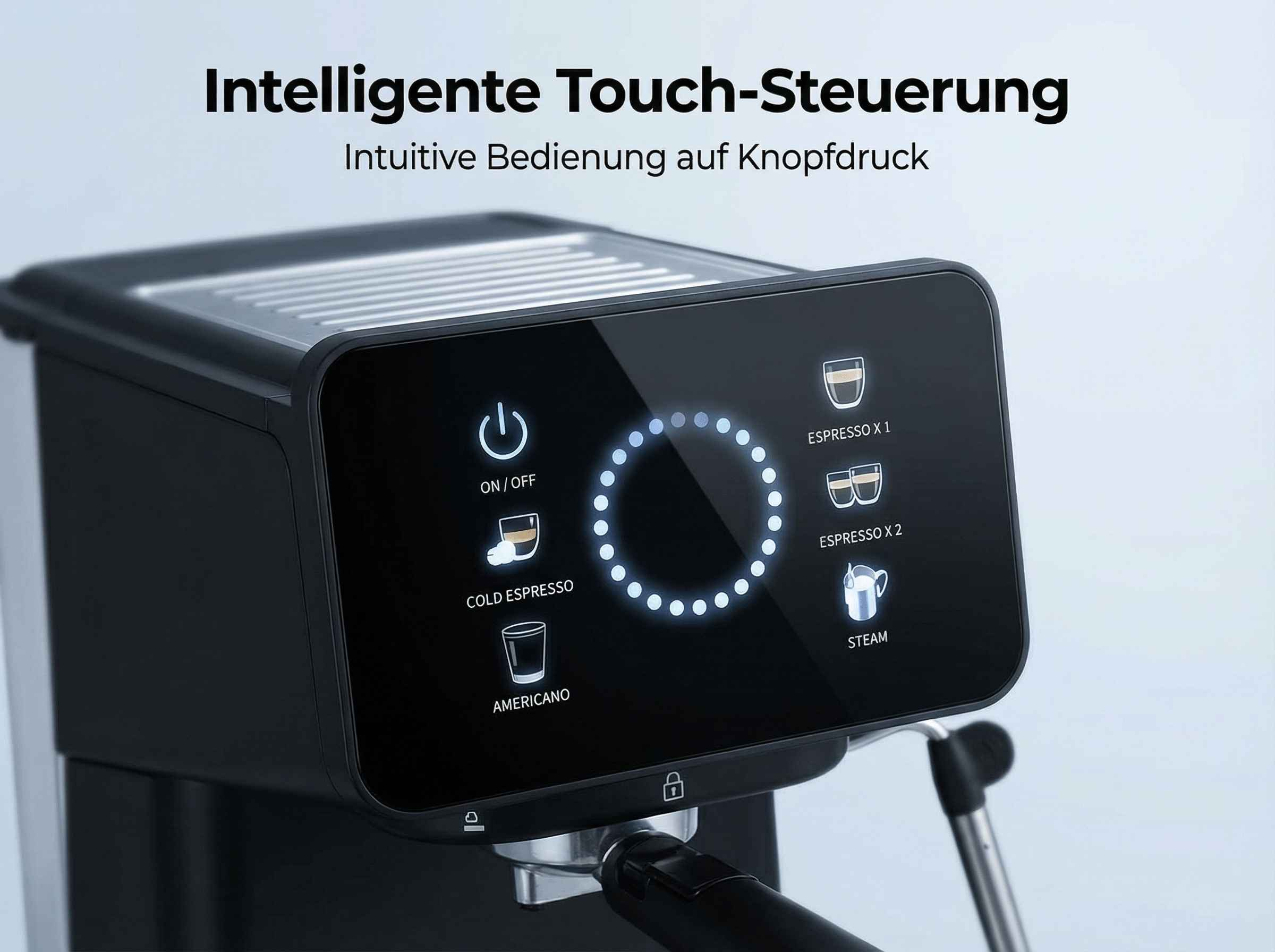 Eine schwarze Kaffeemaschine mit Touchscreen-Bedienfeld für Espresso und Dampf.