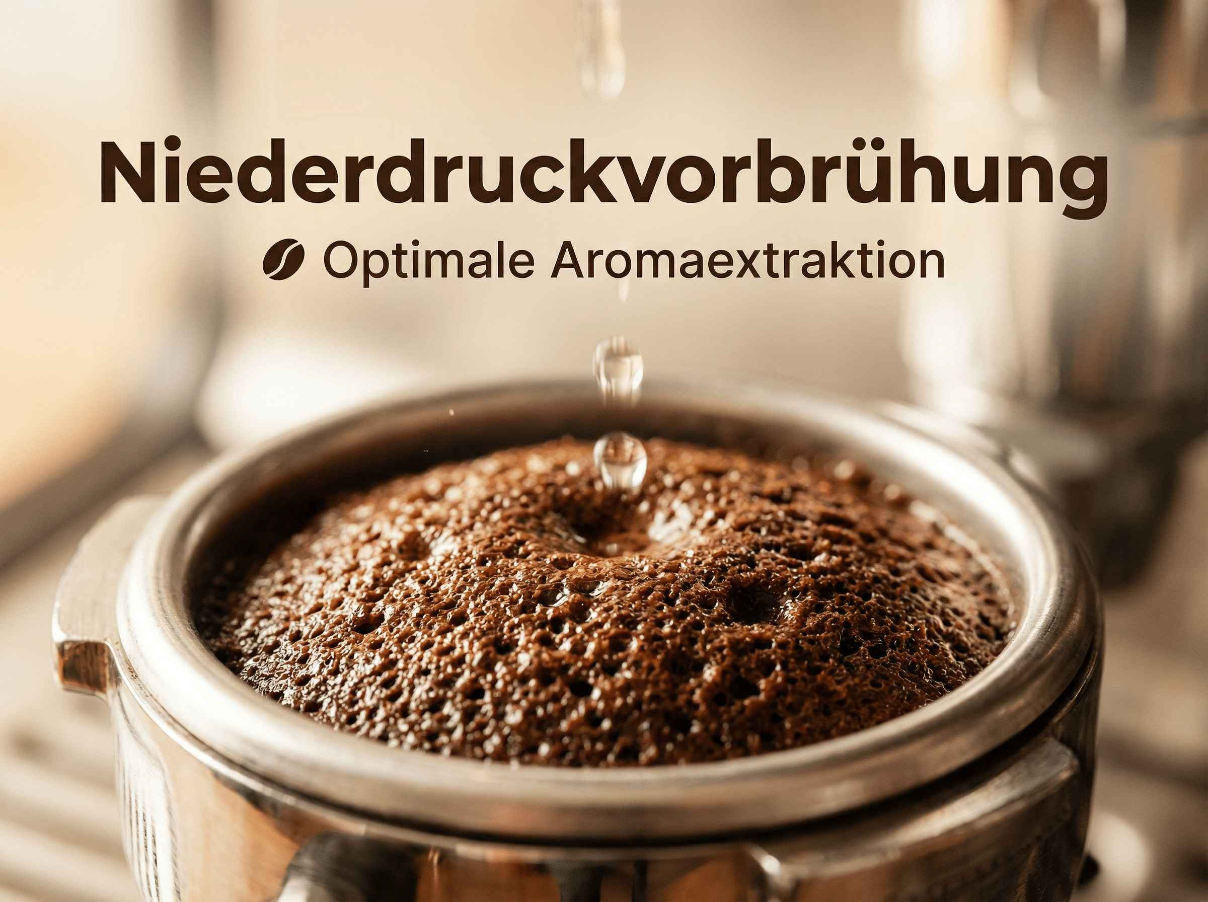 Kaffeepulver in Siebträger, Wasser tröpfelt auf dunkles, volles Kaffeemehl.
