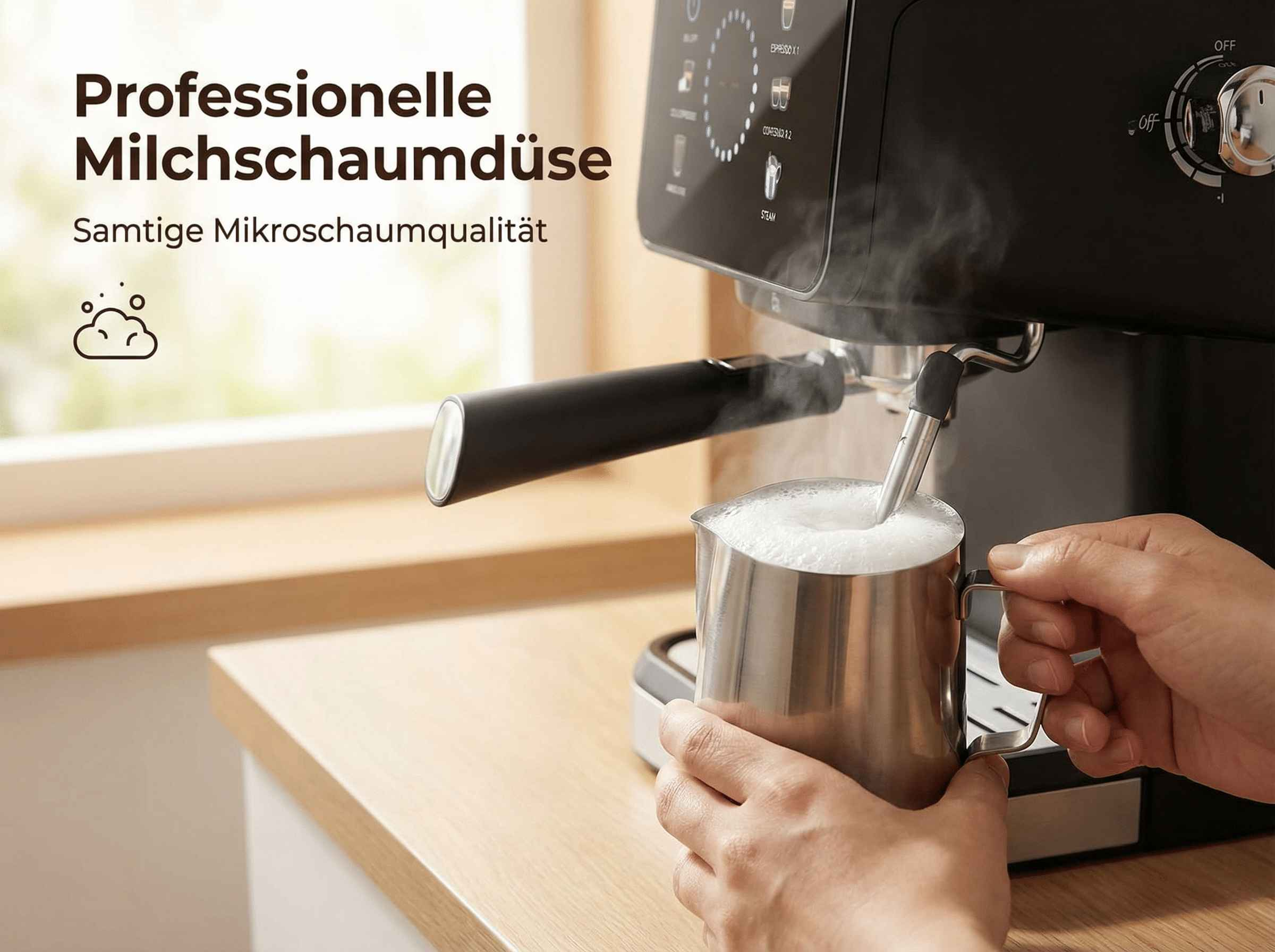Eine Hand hält einen Metallkrug, während Dampf aus einer Espressomaschine aufsteigt.