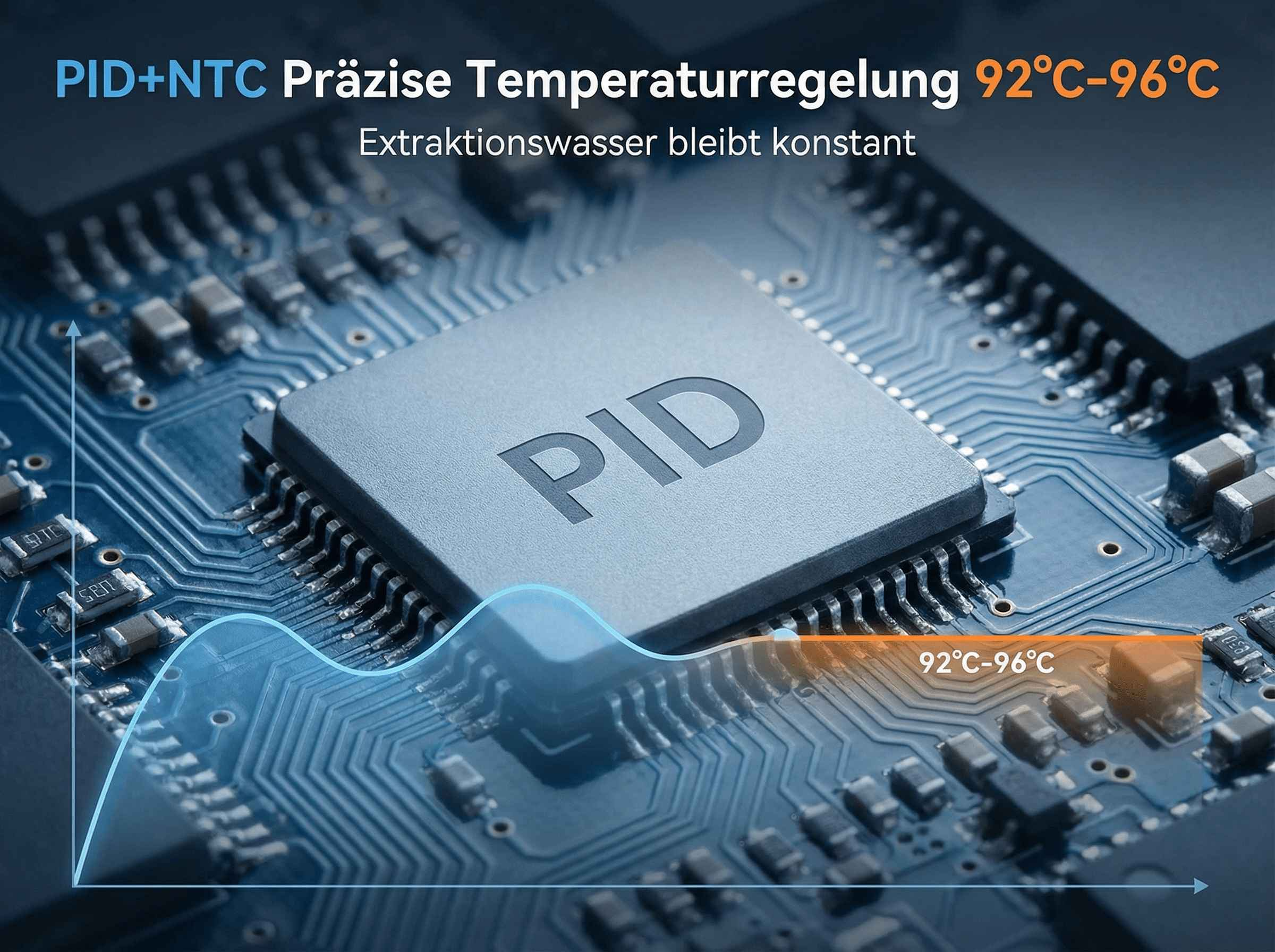 Nahaufnahme einer Platine mit einem PID-Chip und Temperaturdiagramm.