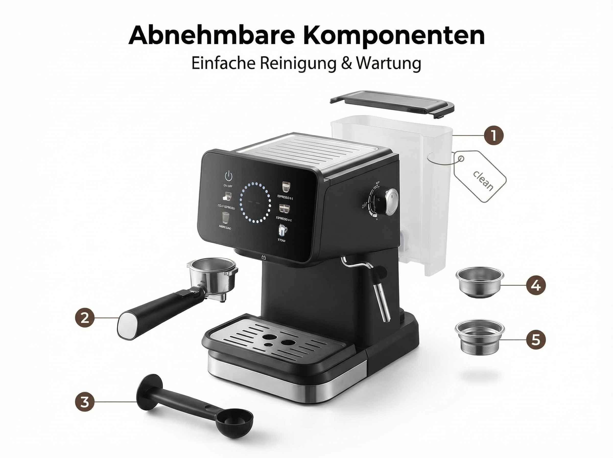 Kaffeemaschine mit abnehmbaren Teilen: Wasserbehälter, Siebträger, Tamper.