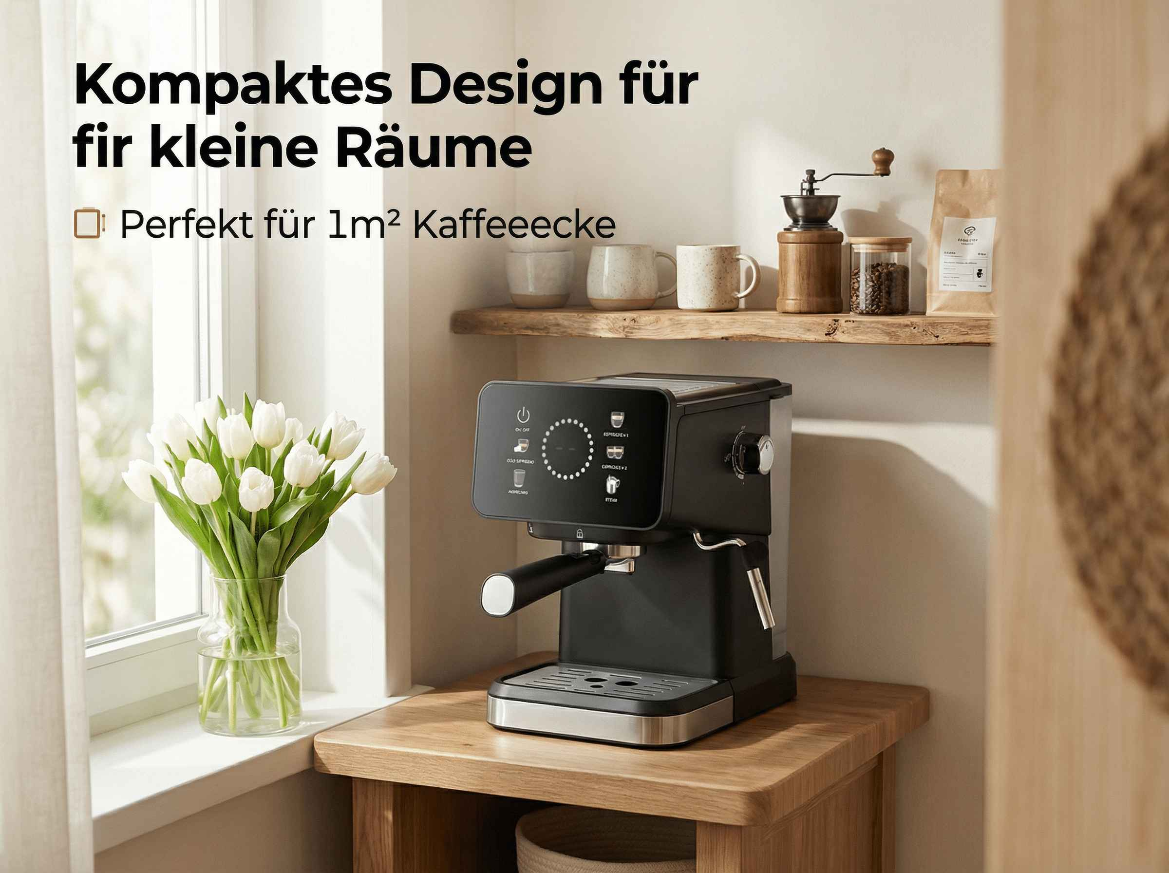 Schwarze Kaffeemaschine auf einem Holztisch, weiße Tulpen daneben.