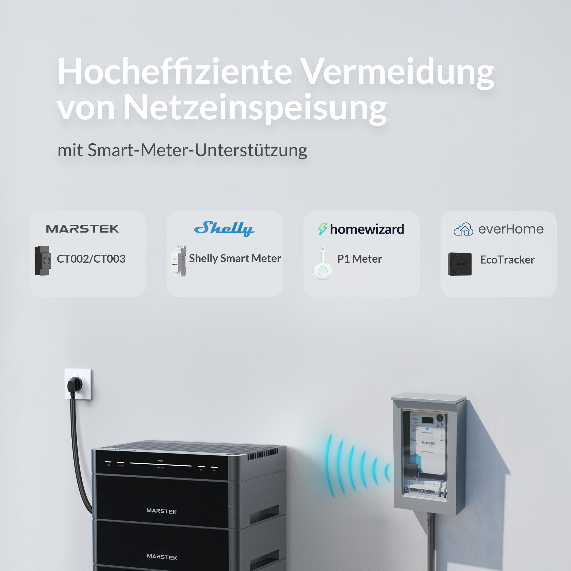 Mehrere Smart-Meter-Geräte werden neben einem Marstek-Batteriesystem gezeigt.