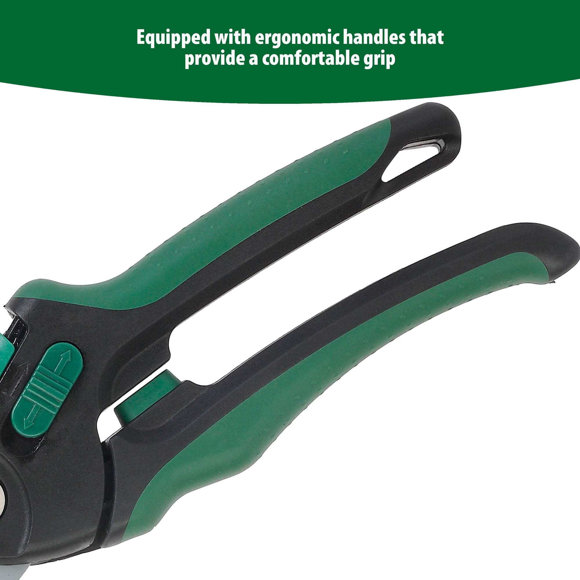 Grüne und schwarze Gartenschere mit ergonomischen Griffen, Nahaufnahme.