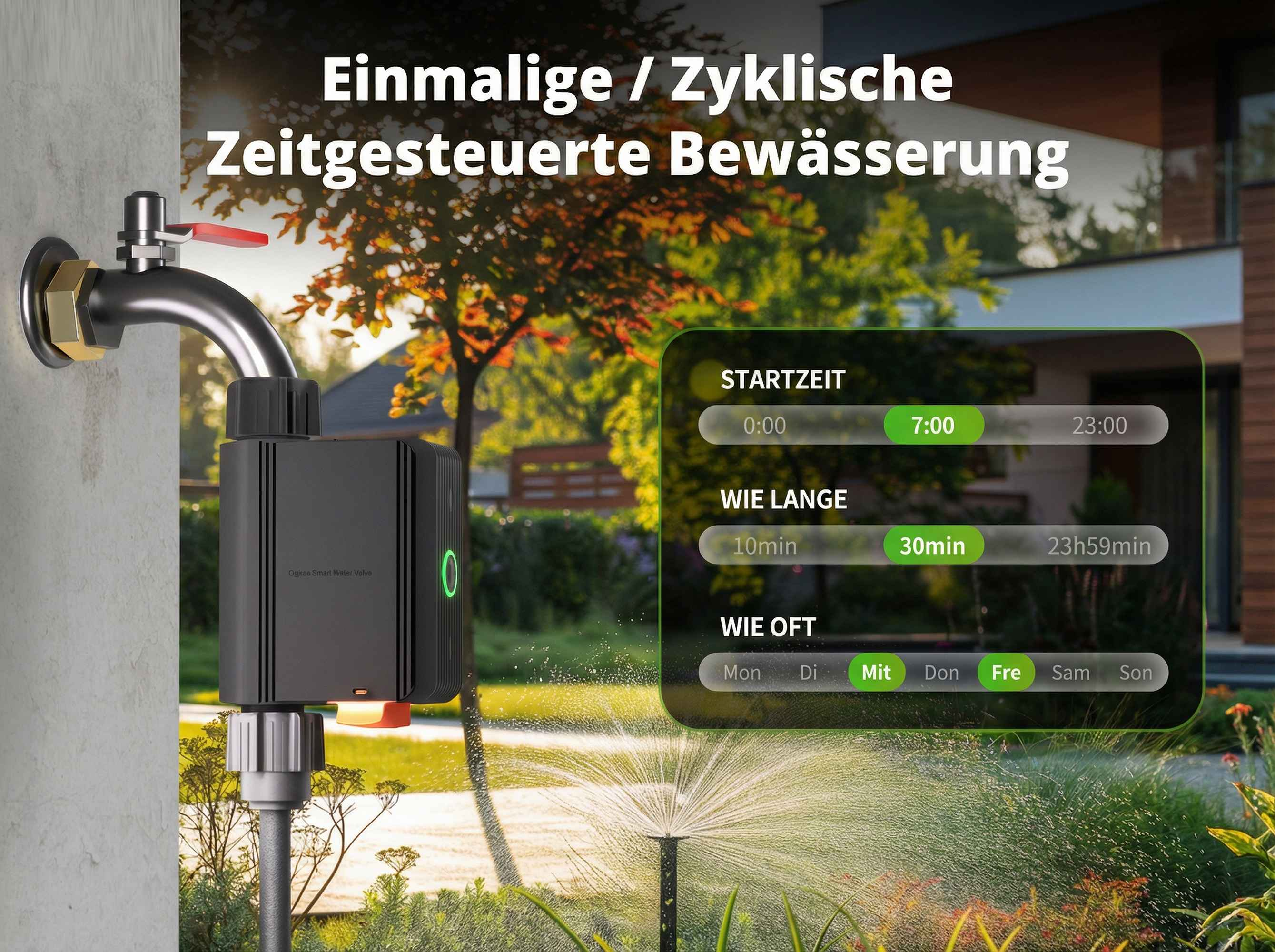 Ein schwarzer Bewässerungsventil-Controller ist an einem Wasserhahn befestigt. Der Bildschirm zeigt Einstellungen.