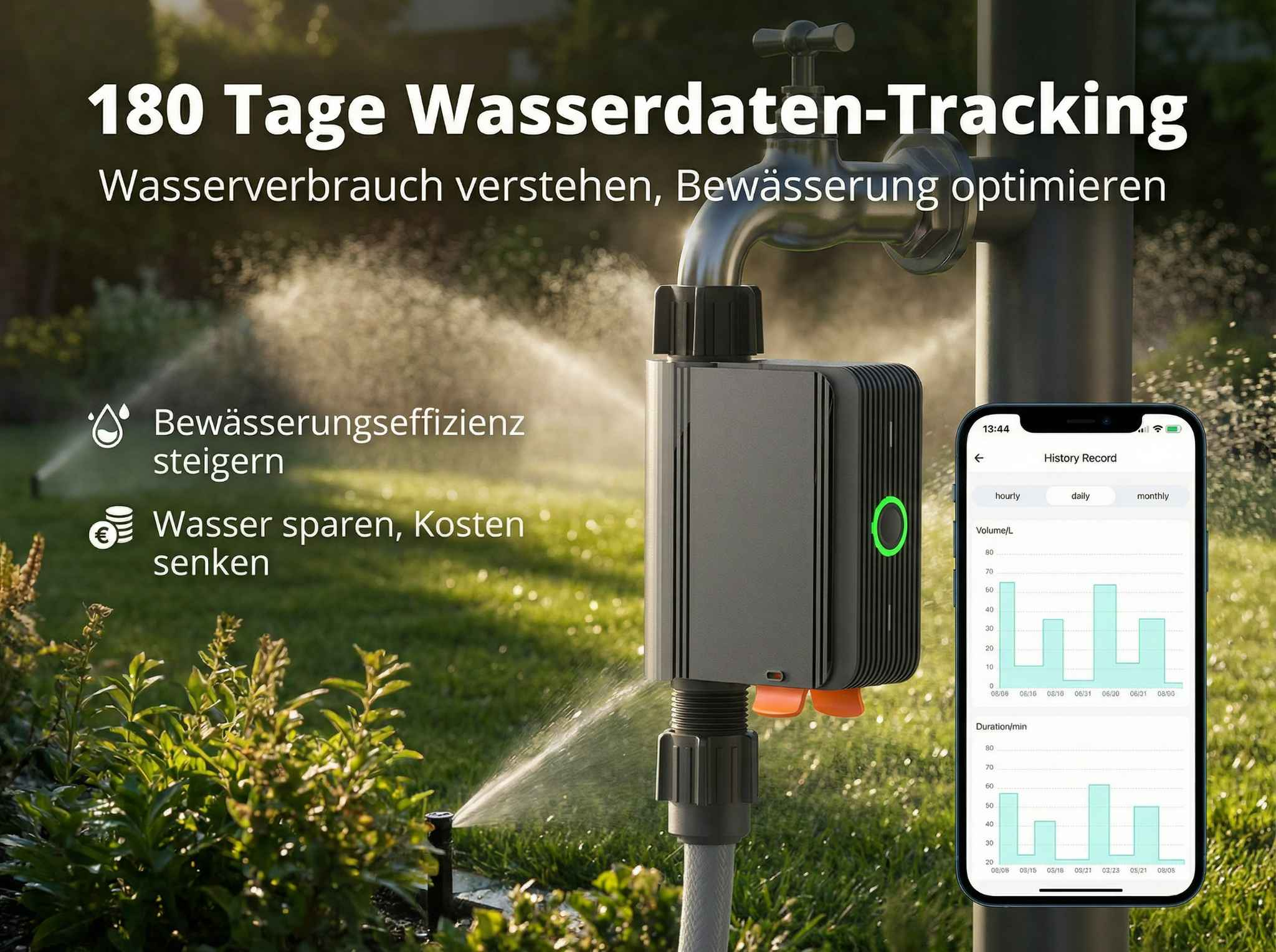 Ein Wasserzähler mit App-Anzeige im Garten, der Bewässerungsdaten verfolgt.