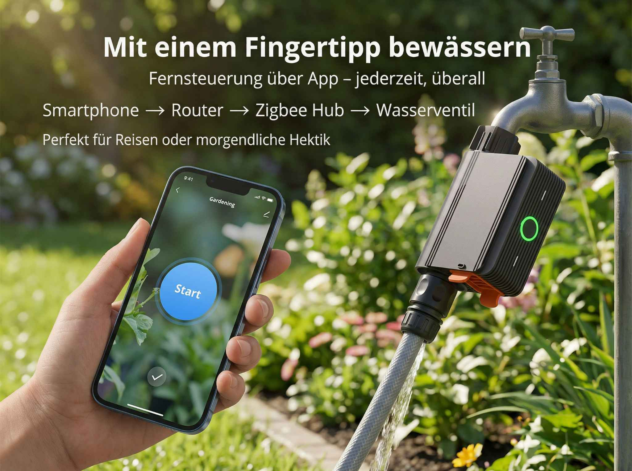 Smartphone-App steuert Gartenbewässerung über Wasserhahn-Aufsatz. Üppiger grüner Garten.