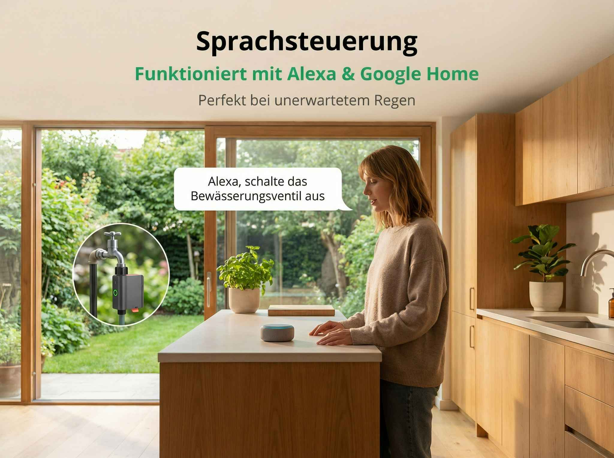Frau spricht zu Alexa, um ein Bewässerungsventil zu steuern. Außen ein Wasserhahn.