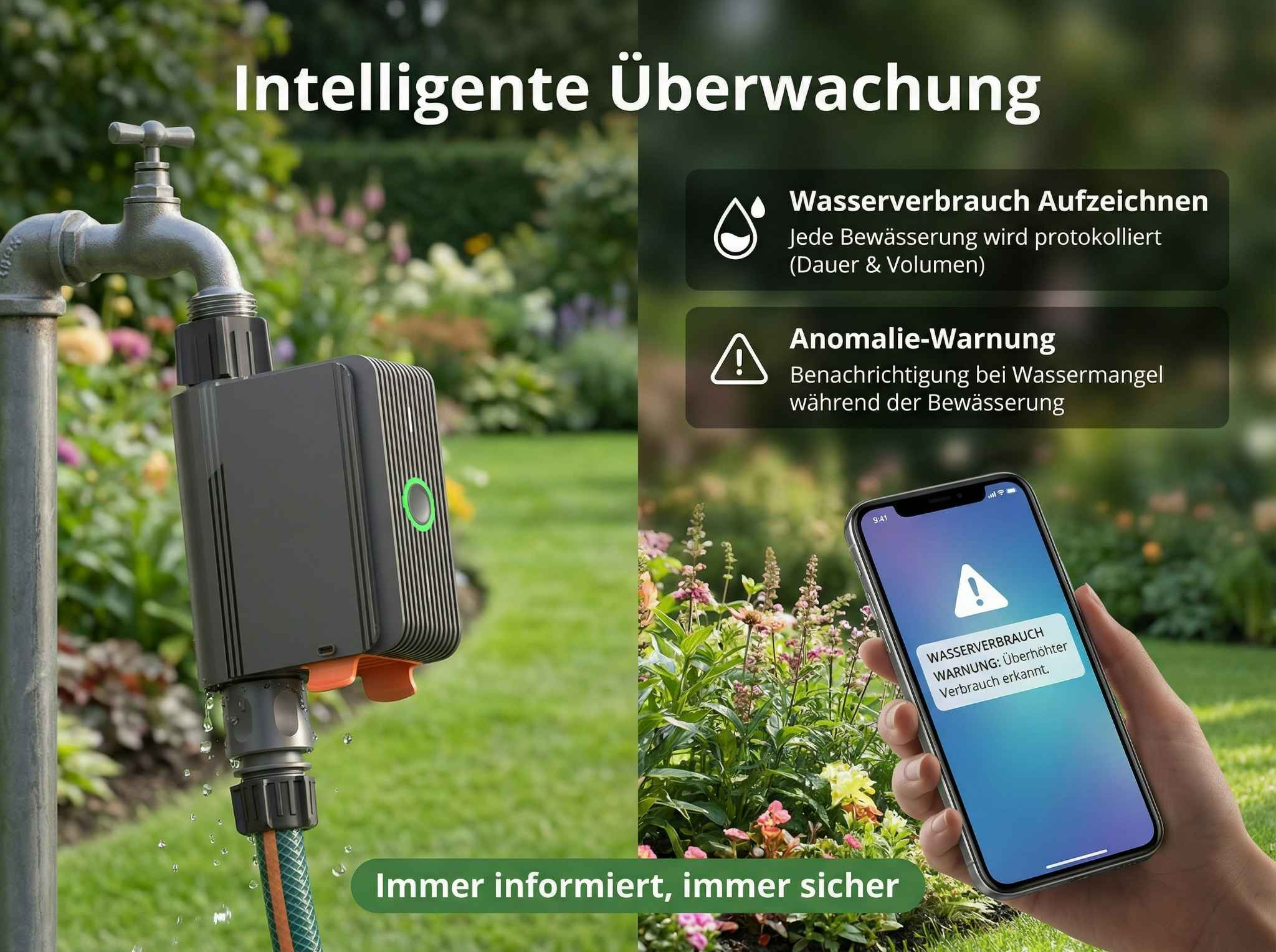Intelligente Überwachung eines Wassergeräts mit Smartphone-Warnung.
