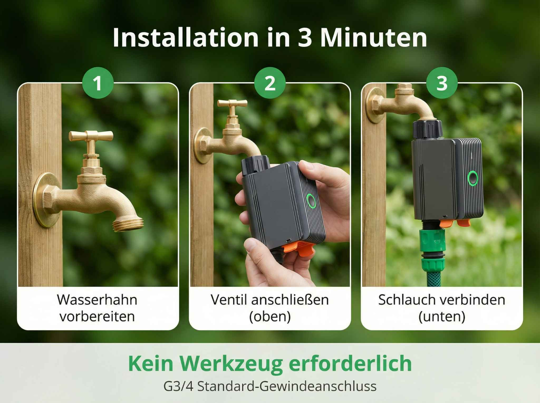 Anleitung: Wasserhahn vorbereiten, Ventil anschließen, Schlauch verbinden.