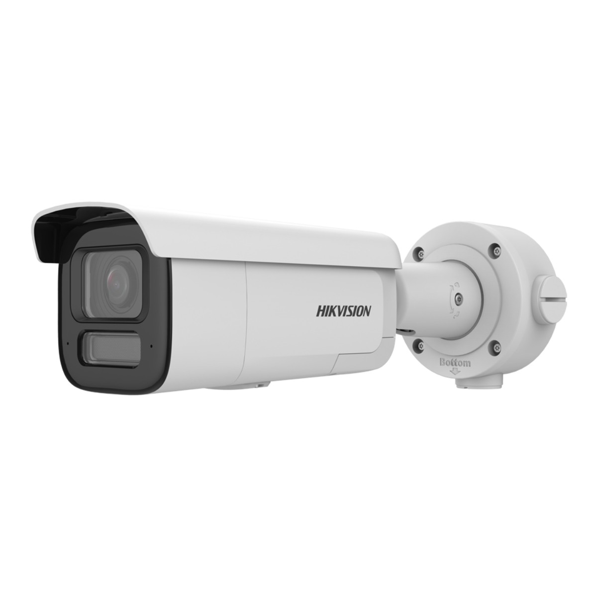 Eine weiße Hikvision-Überwachungskamera mit schwarzem Frontgehäuse, auf weißem Hintergrund.