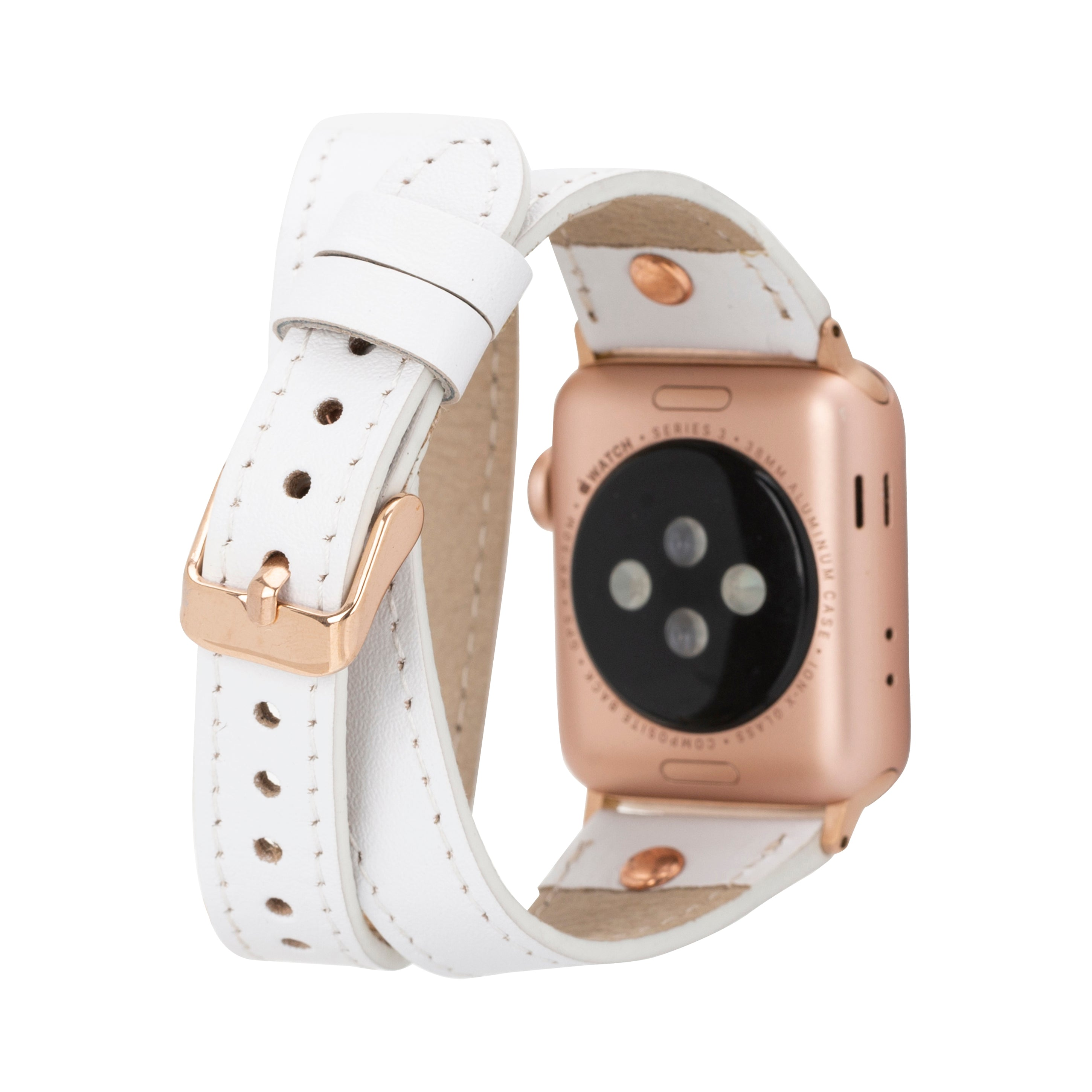 Gül altın rengi Apple Watch, beyaz deri kayış ve gül altın rengi toka.