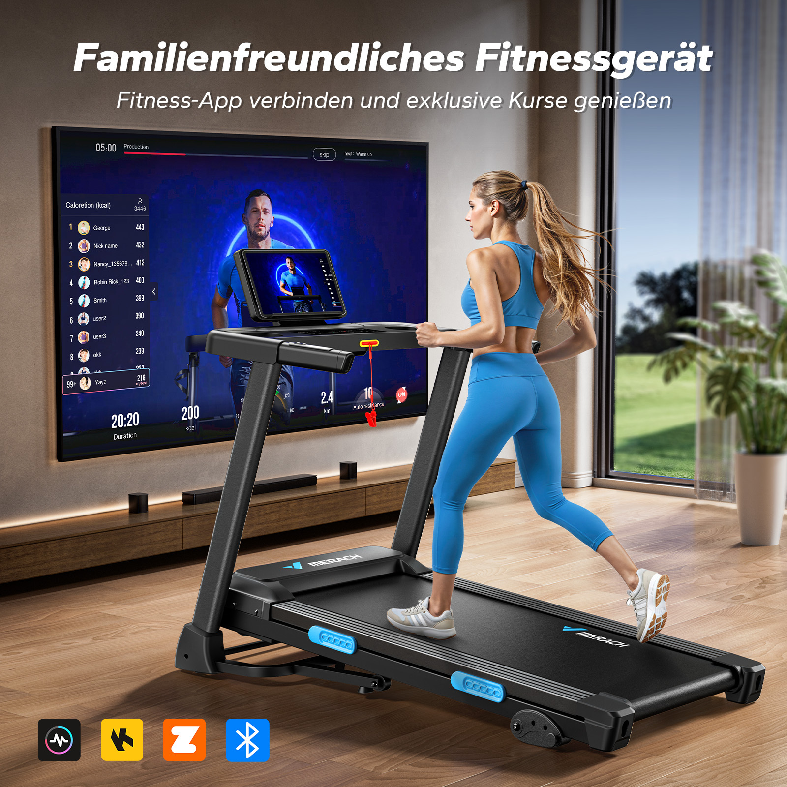 Eine Frau läuft auf einem Laufband vor einem Fernseher, der eine Fitness-App anzeigt.