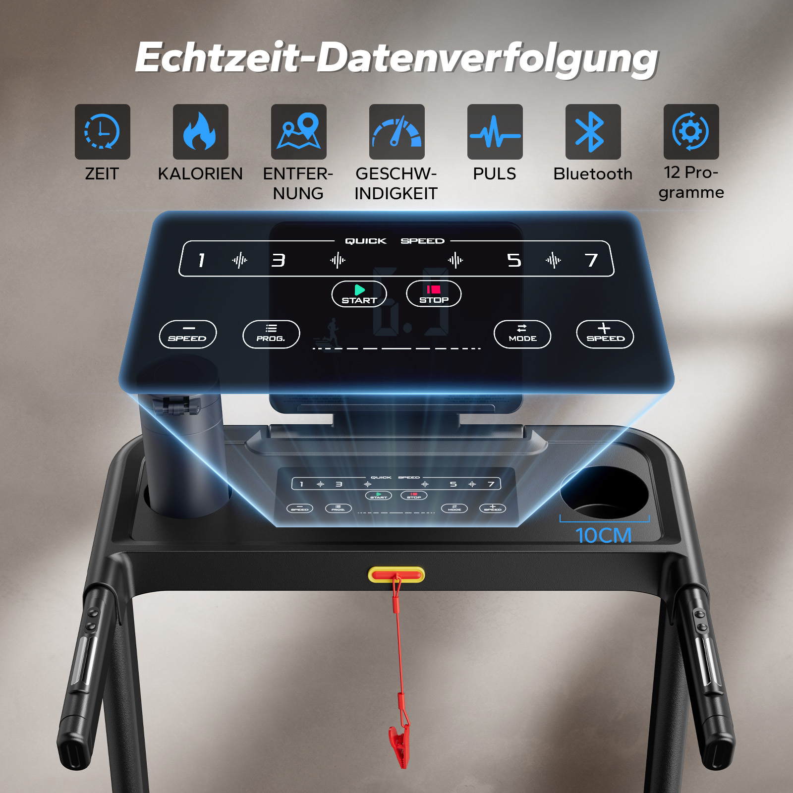 Laufband-Konsole mit Anzeigen für Zeit, Kalorien, Distanz, Geschwindigkeit, Puls, Bluetooth und Programmen.