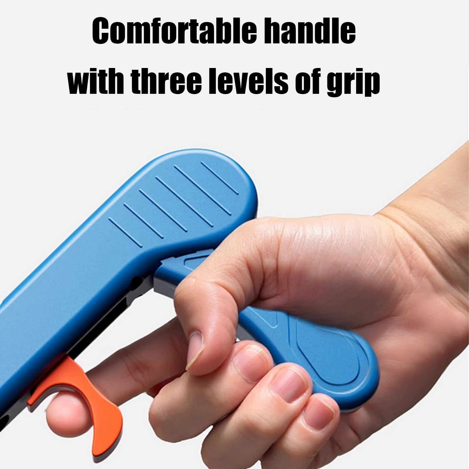 Eine Hand hält einen blauen Griff mit drei Rillen für zusätzlichen Halt.