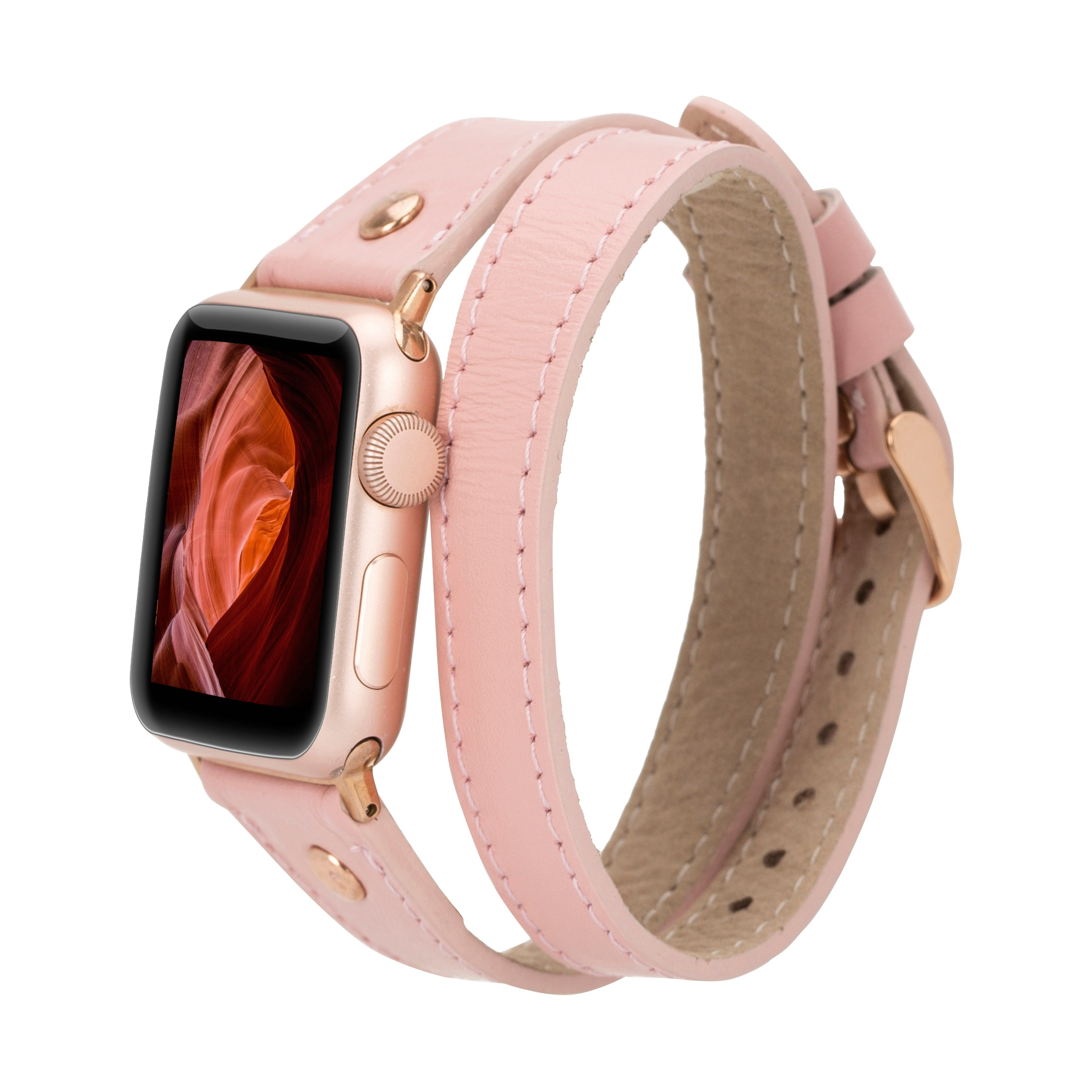 BLOOMINBAG BloomBand Gold Tokalı Double Tour Deri Apple Watch - 44/45/46/49mm Akıllı Saat Kordonu Pembe