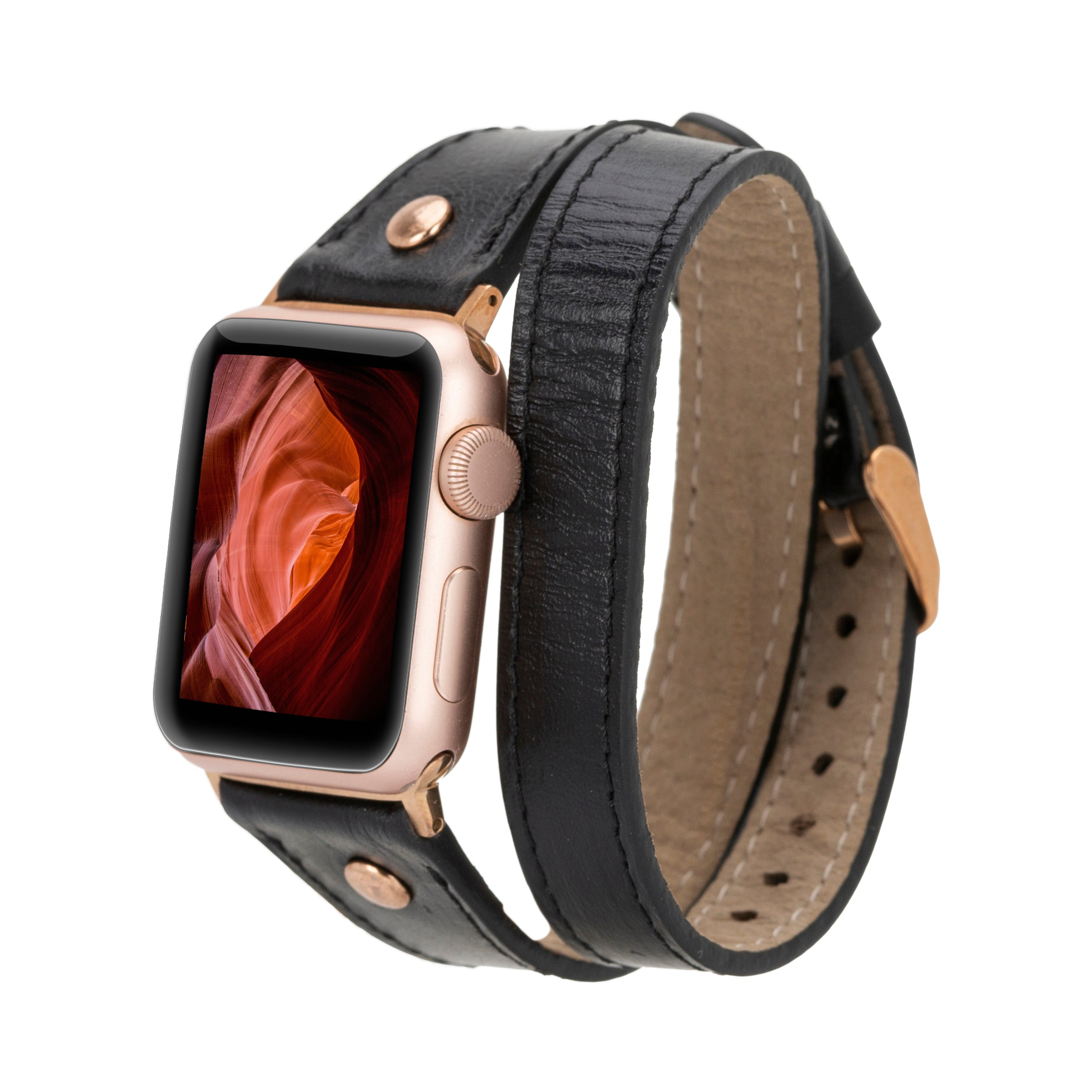 BLOOMINBAG BloomBand Gold Tokalı Double Tour Deri Apple Watch - 44/45/46/49mm Akıllı Saat Kordonu Onyx Black