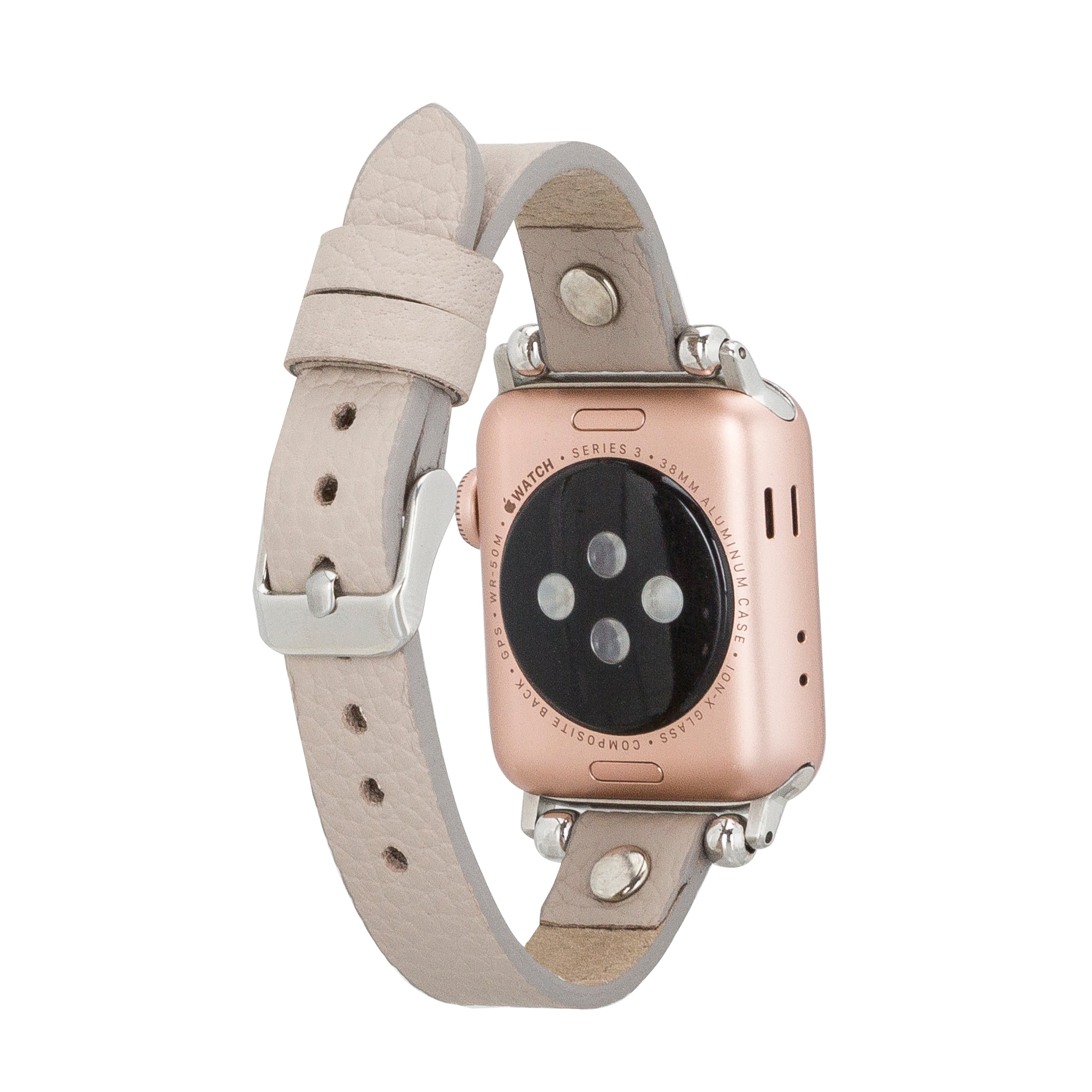 Açık gri deri kayışlı, rose gold Apple Watch Series 3.