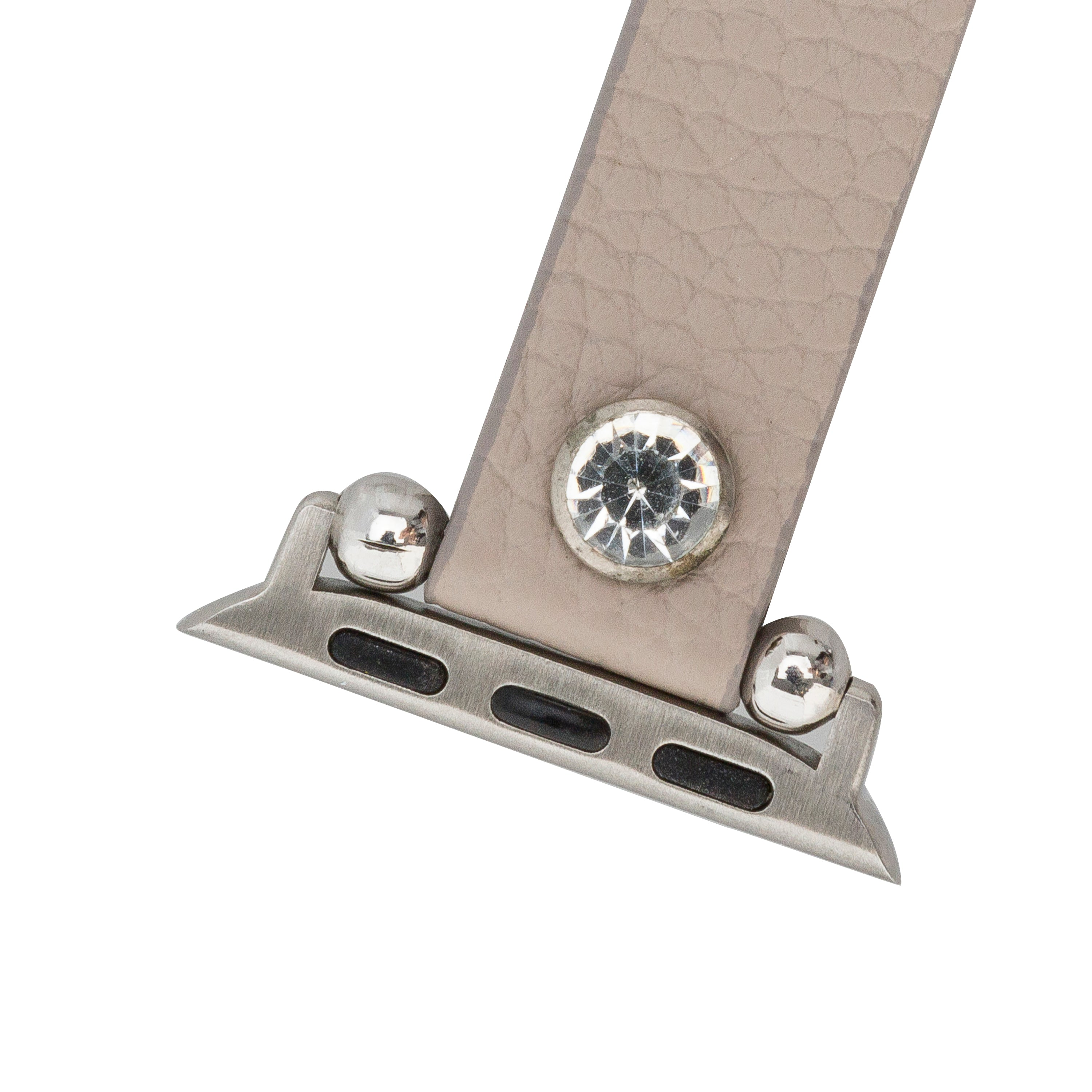 Gümüş Apple Watch konektöründe kristal ve perçinli gri bant.