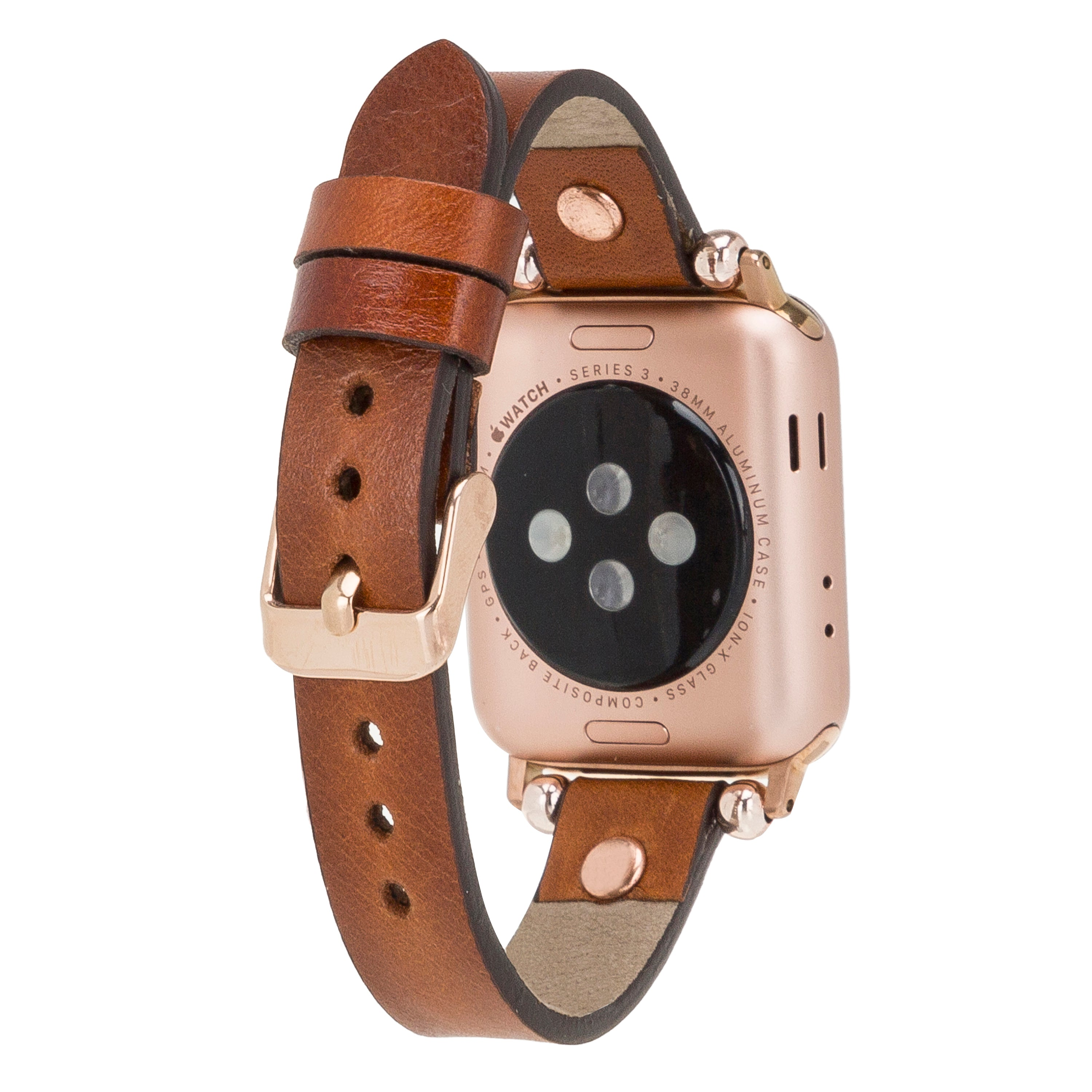 Altın rengi Apple Watch Series 3, kahverengi deri kordonlu, beyaz arka plan üzerinde.