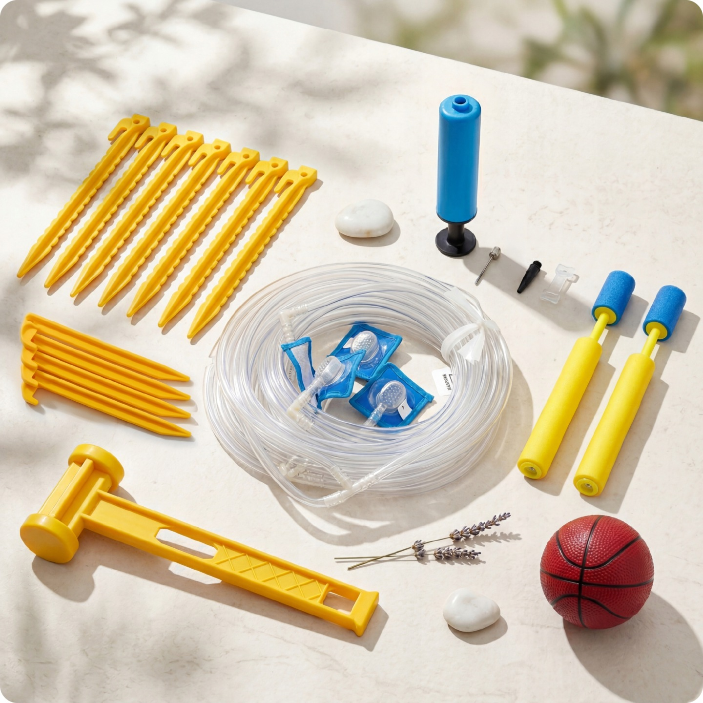 Gelbe Heringe, eine blaue Pumpe, Schläuche, zwei gelbe Wasserpistolen, ein Ball, Lavendel.