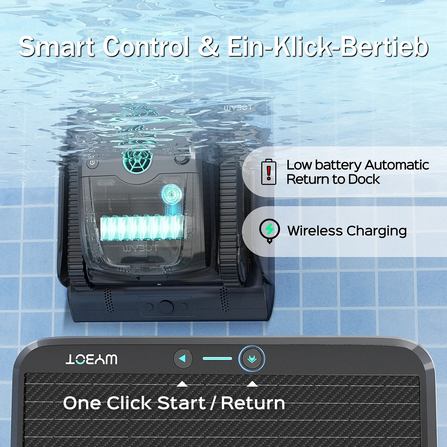 Ein schwarzer Roboter-Poolreiniger unter Wasser mit leuchtend blauen Lichtern. Unten ist ein Telefonbildschirm sichtbar.