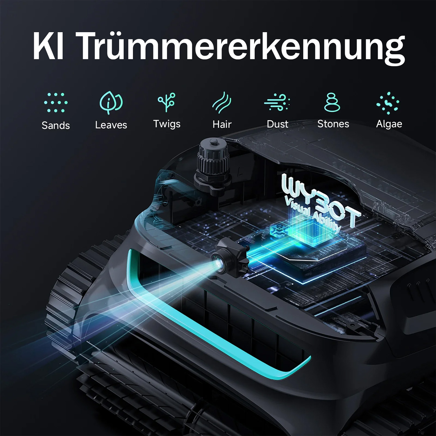 KI-Mülleimererkennung: Roboter mit Kamera erkennt Sand, Blätter, Zweige, Haare, Staub, Steine, Algen.