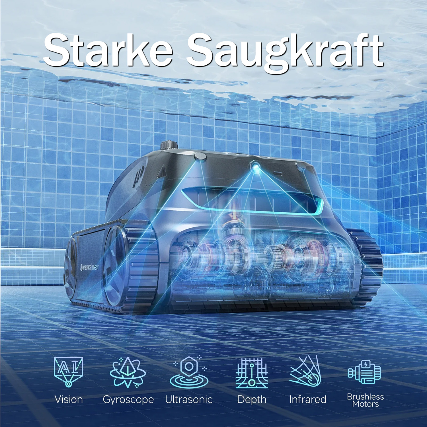 Ein Poolroboter mit transparentem Gehäuse, der die interne Mechanik zeigt. Unterwasser.