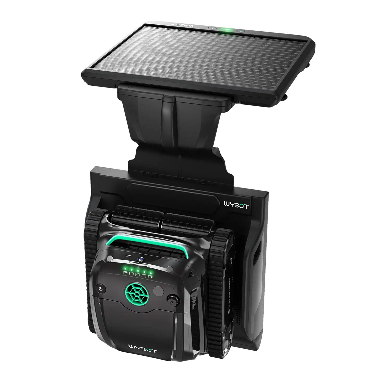 Schwarzer Roboterreiniger mit Solarpanel-Abdeckung, grünen Lichtern und Rädern.