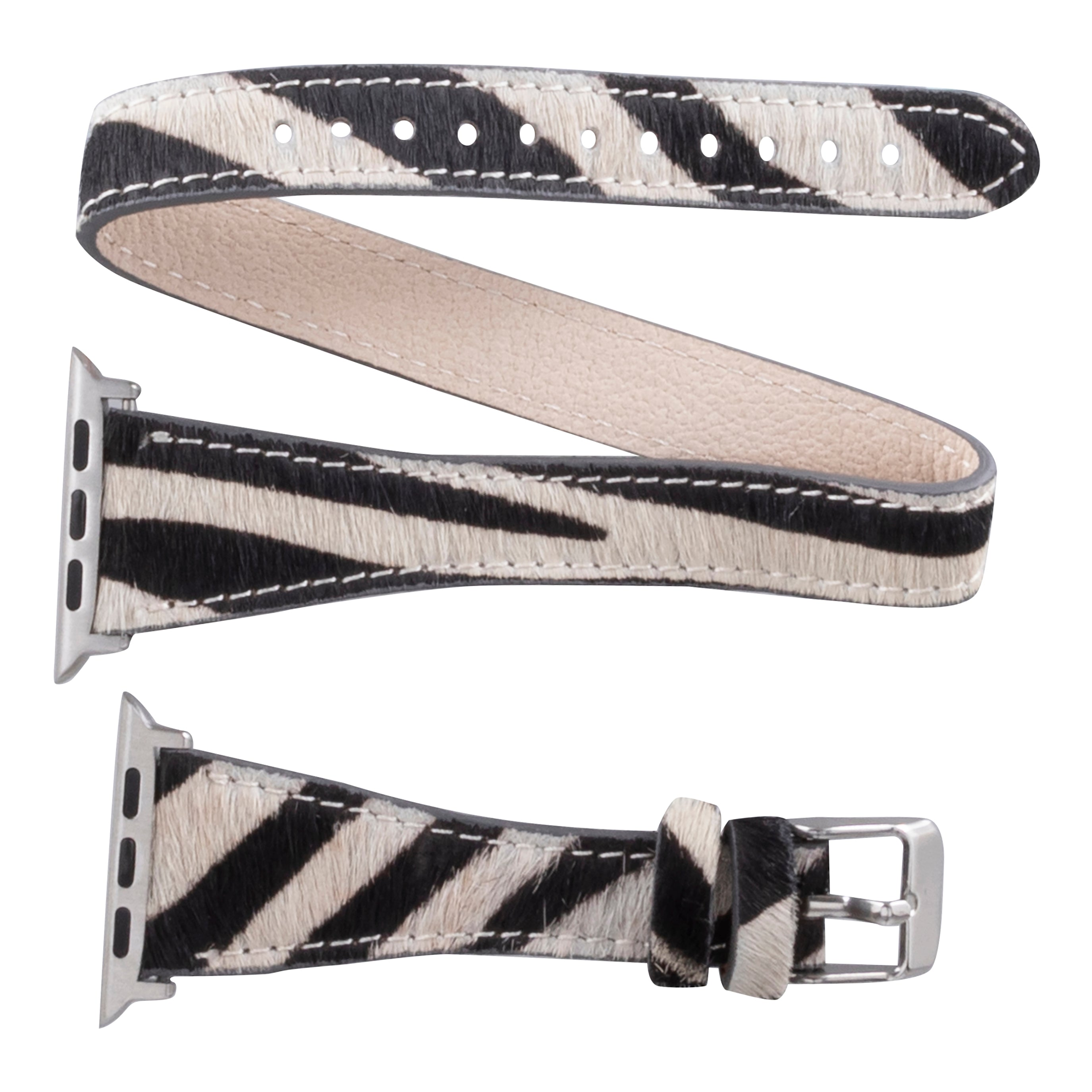 Gümüş konektörlü, siyah beyaz zebra desenli saat bandı.