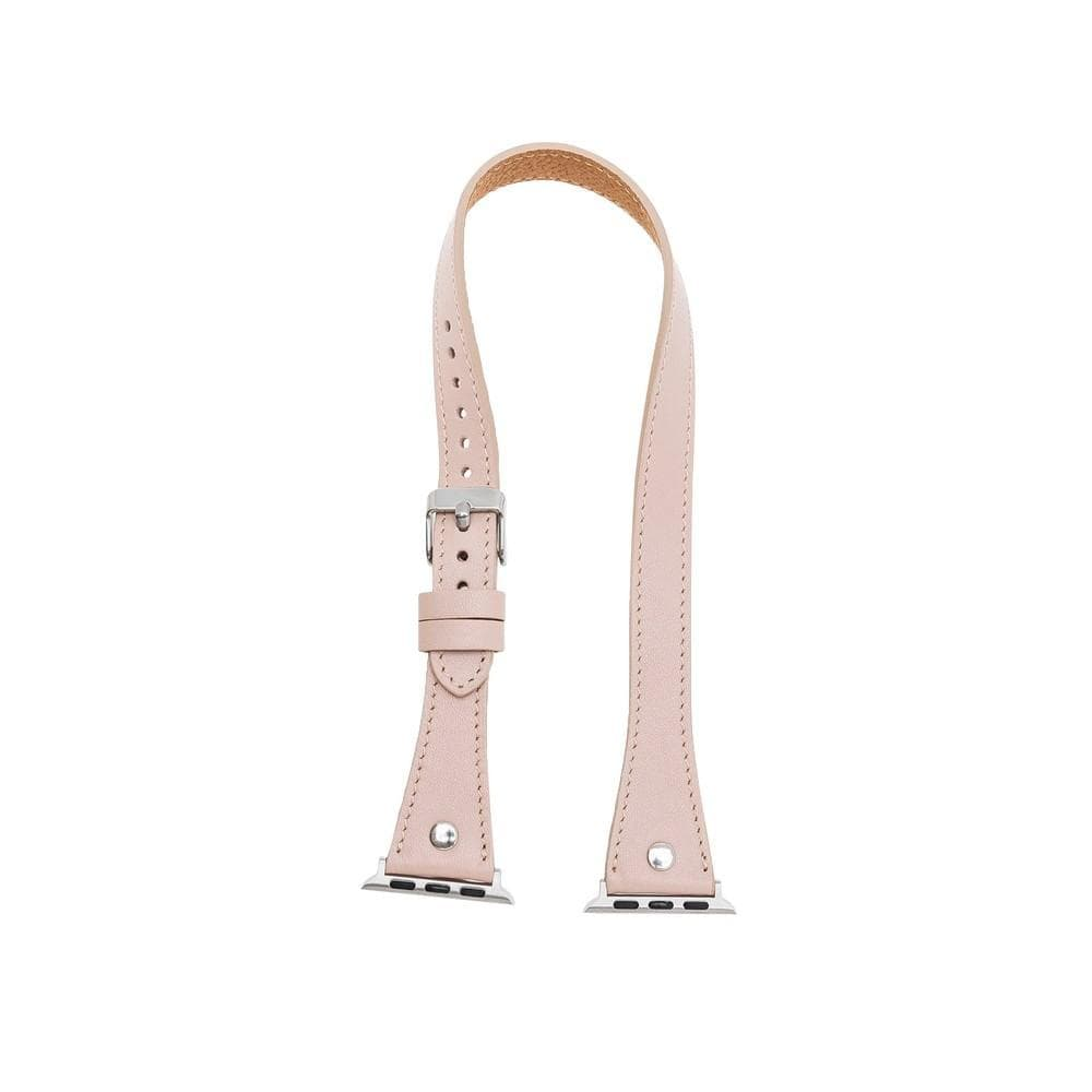 Metal tokalı ve delikli açık pembe deri saat kayışı.