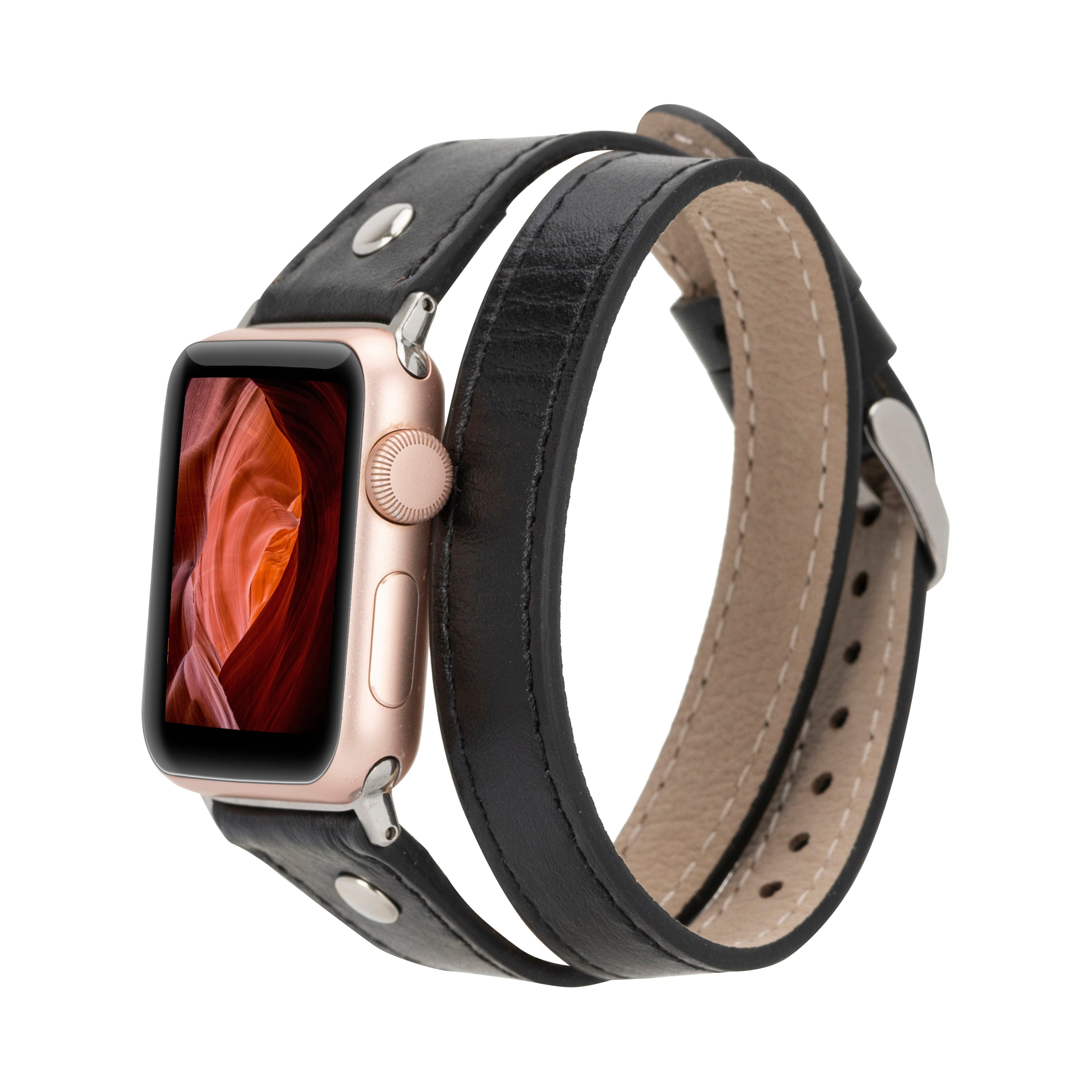 BLOOMINBAG BloomBand Silver Tokalı Double Tour  Deri Apple Watch - 44/45/46/49mm Akıllı Saat Kordonu Onyx Black
