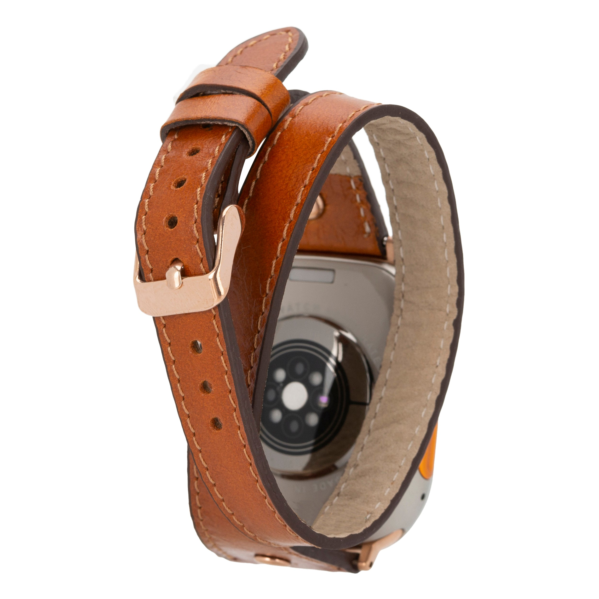 BLOOMINBAG BloomBand Gold Tokalı Double Tour Deri Apple Watch - 44/45/46/49mm Akıllı Saat Kordonu Taba