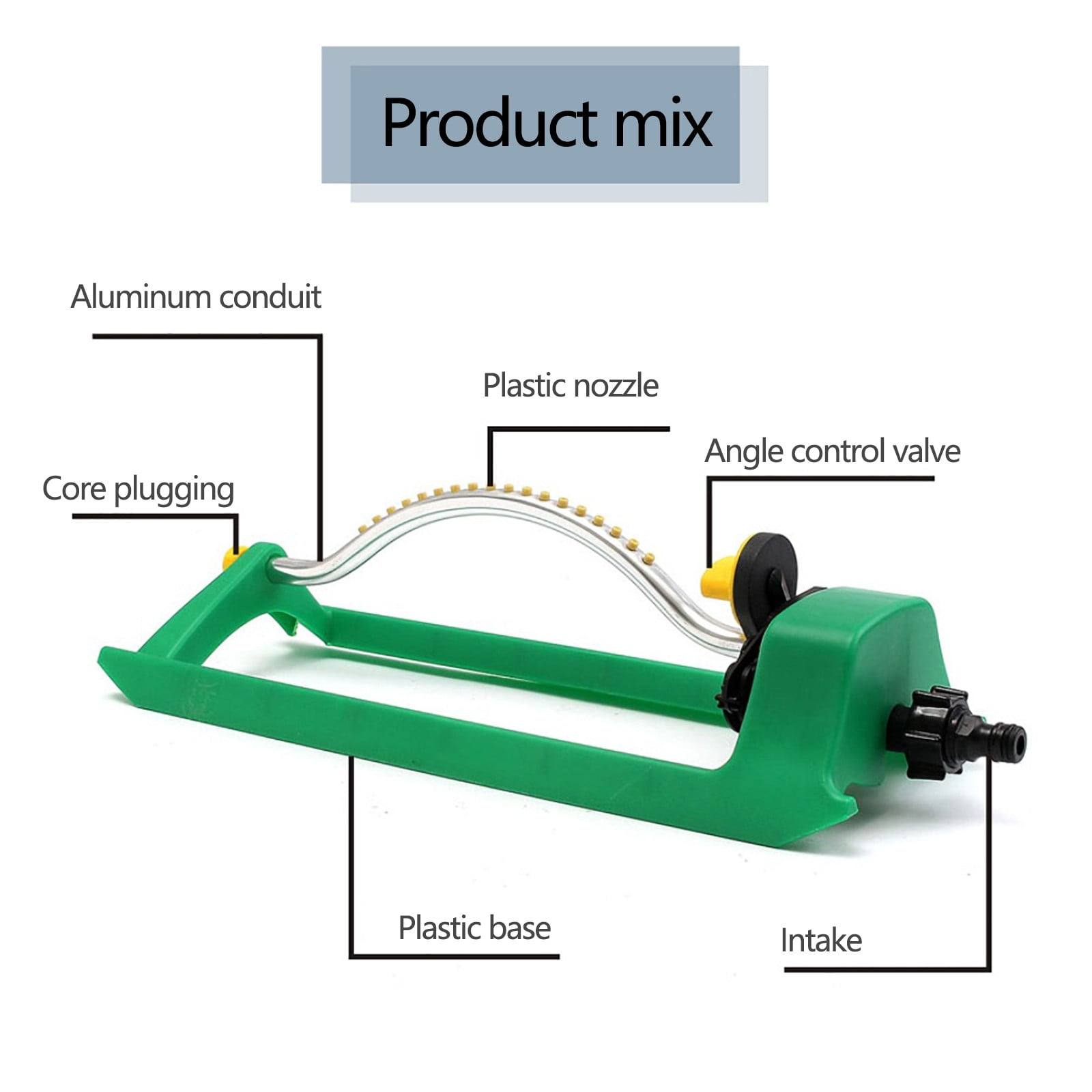 Grüner Sprinkler mit Aluminiumrohr, Düsen und Winkelventil.