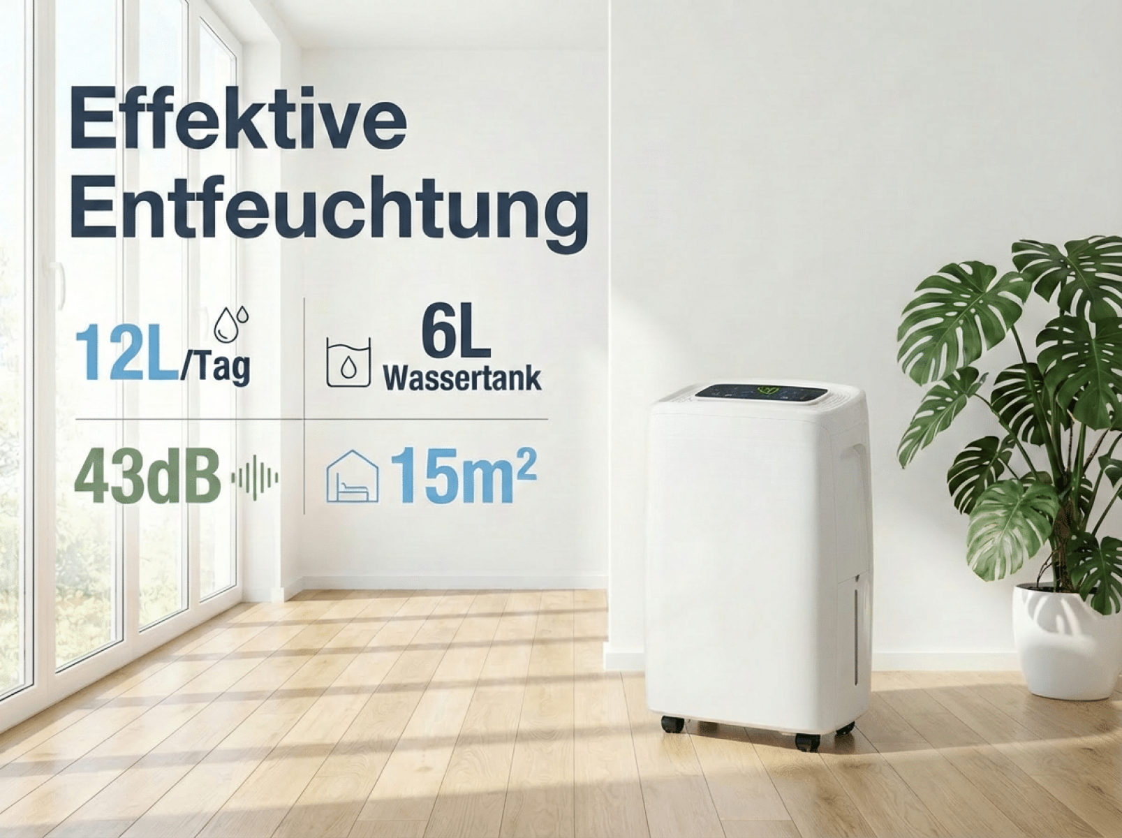 Ein weißer Luftentfeuchter mit 6L Wassertank steht in einem hellen Raum.