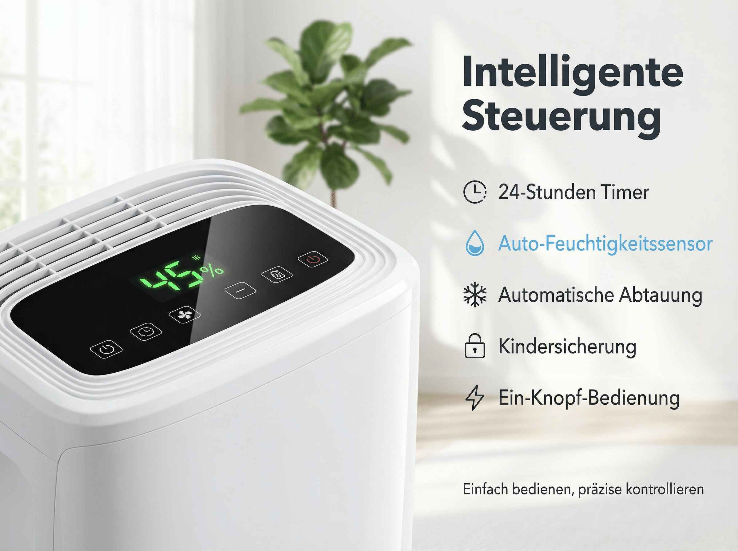 Ein weißer Luftentfeuchter mit digitaler Anzeige von 45% und Symbolen.
