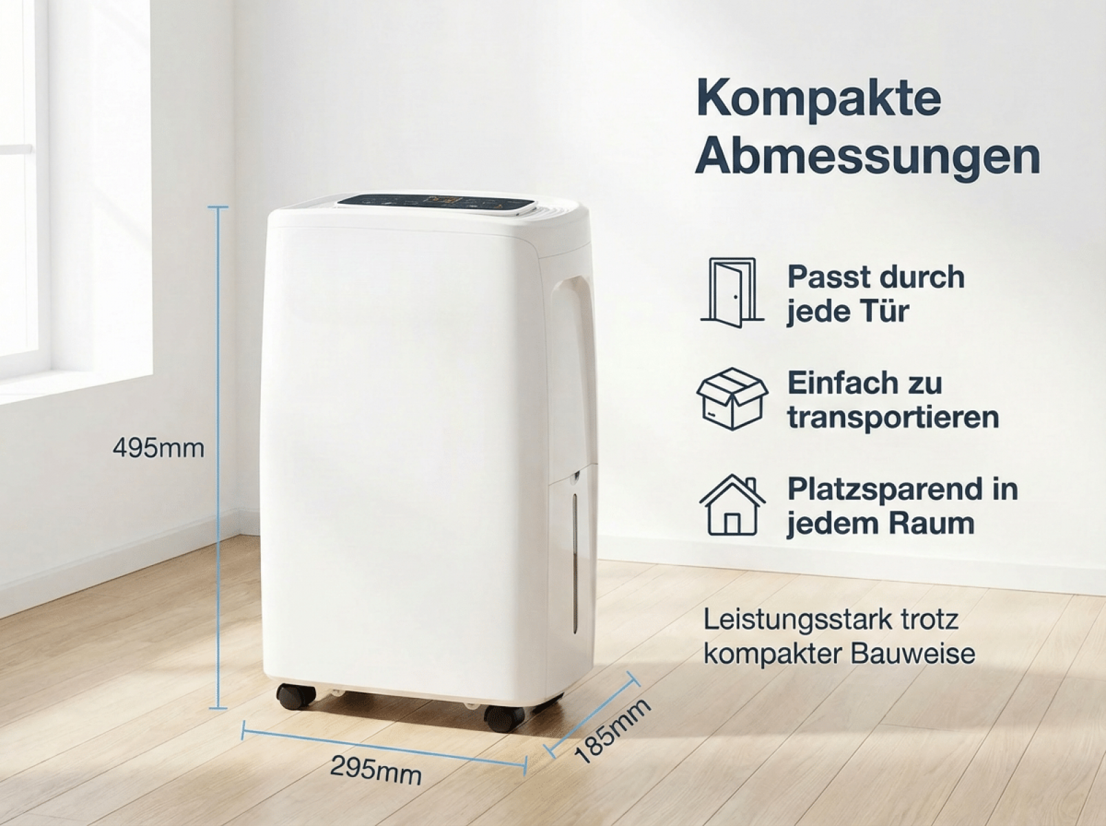 Ein weißer Luftentfeuchter mit Rollen steht auf einem Holzboden. Maße: 49,5x29,5x18,5cm.